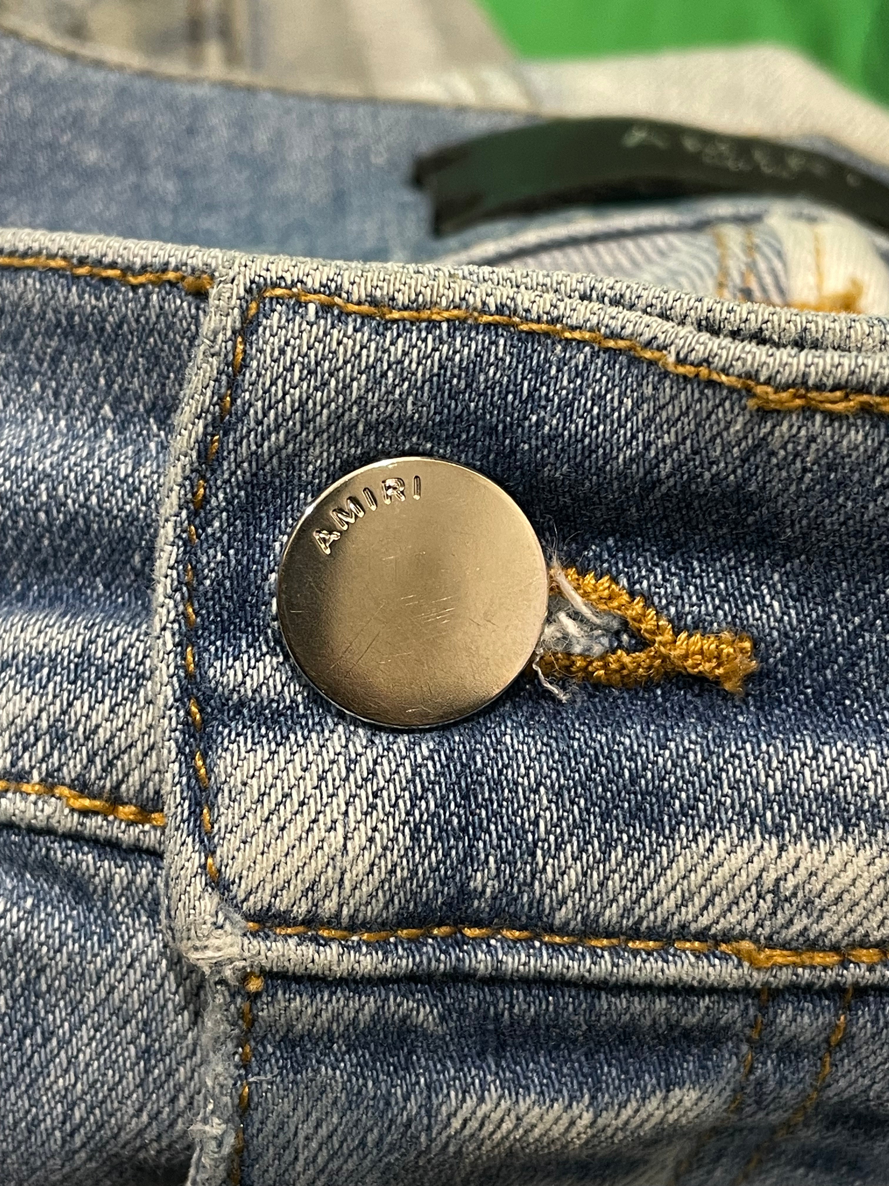 Amiri MX1 Teal Paisley Patch Light Wash Blue Jeans