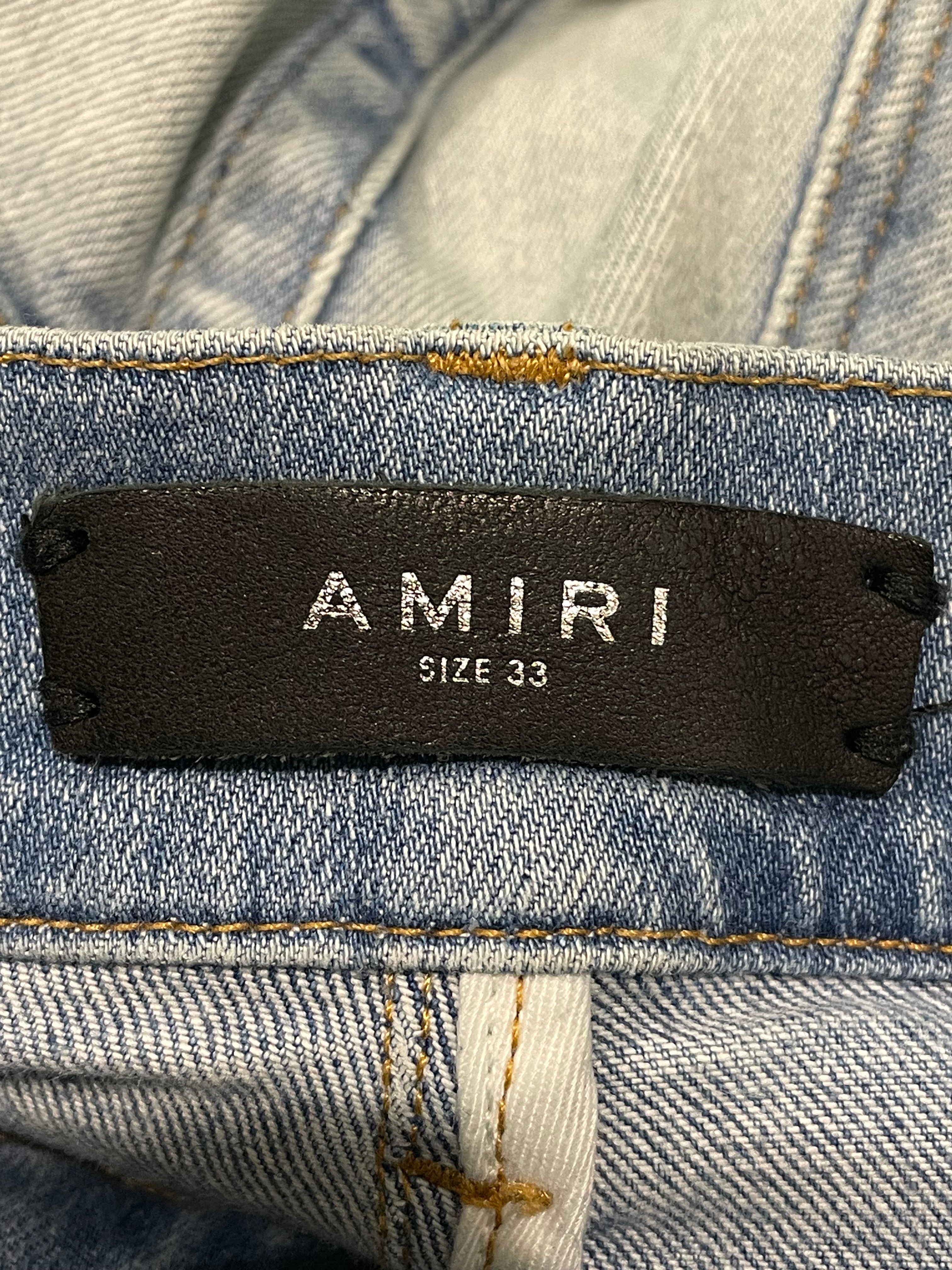 Amiri MX1 Teal Paisley Patch Light Wash Blue Jeans
