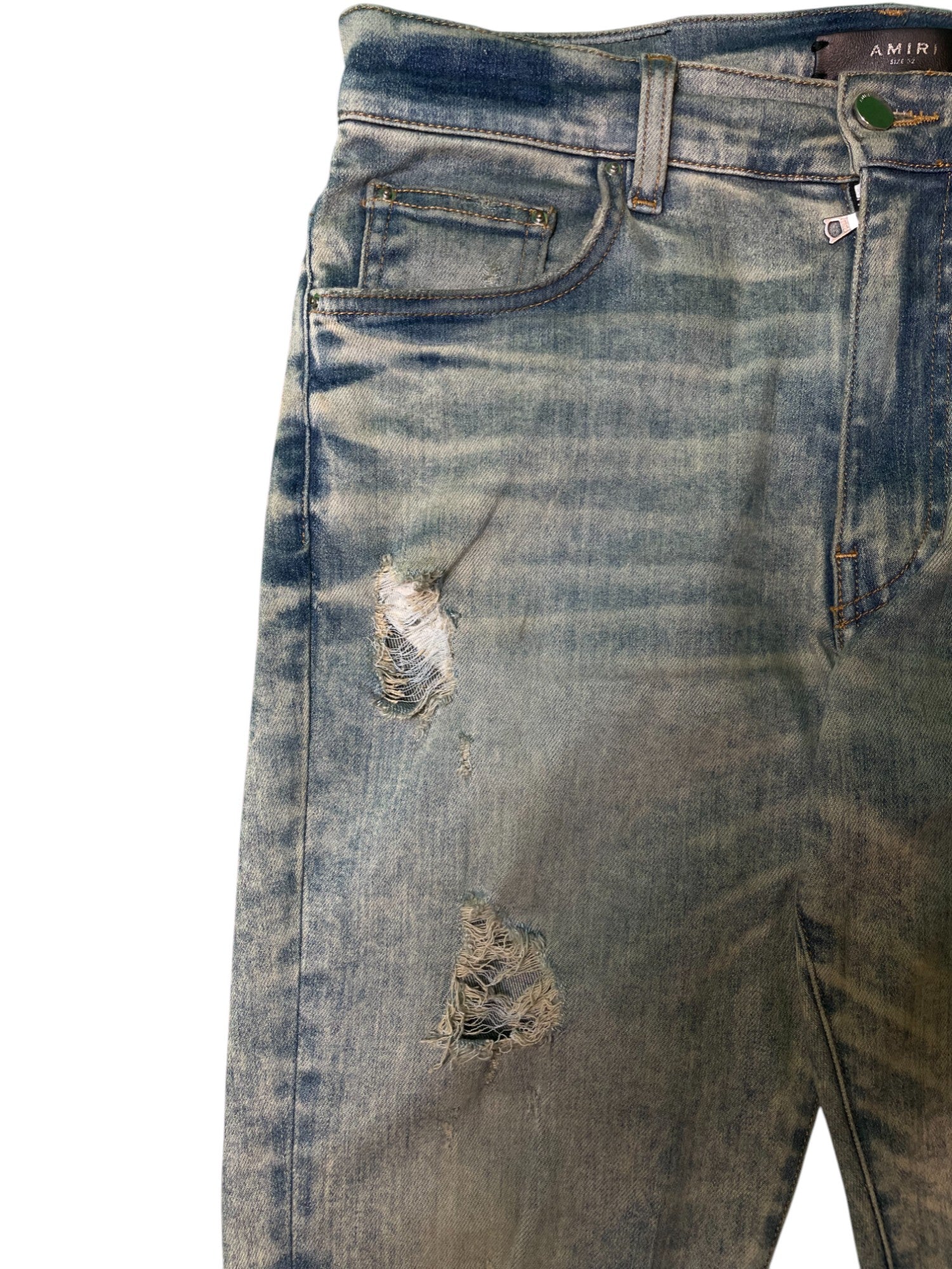Amiri Knee Rip Vintage Wash Blue Jeans