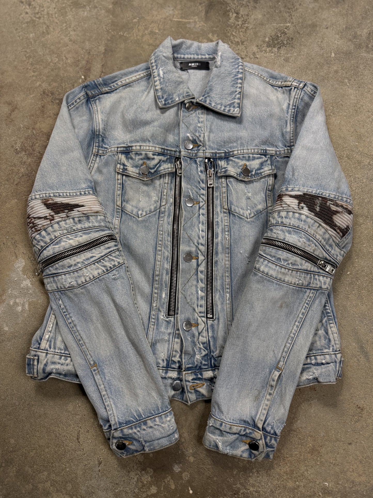 Amiri MX2 Jean Jacket Light Wash Marble Patch Used XL