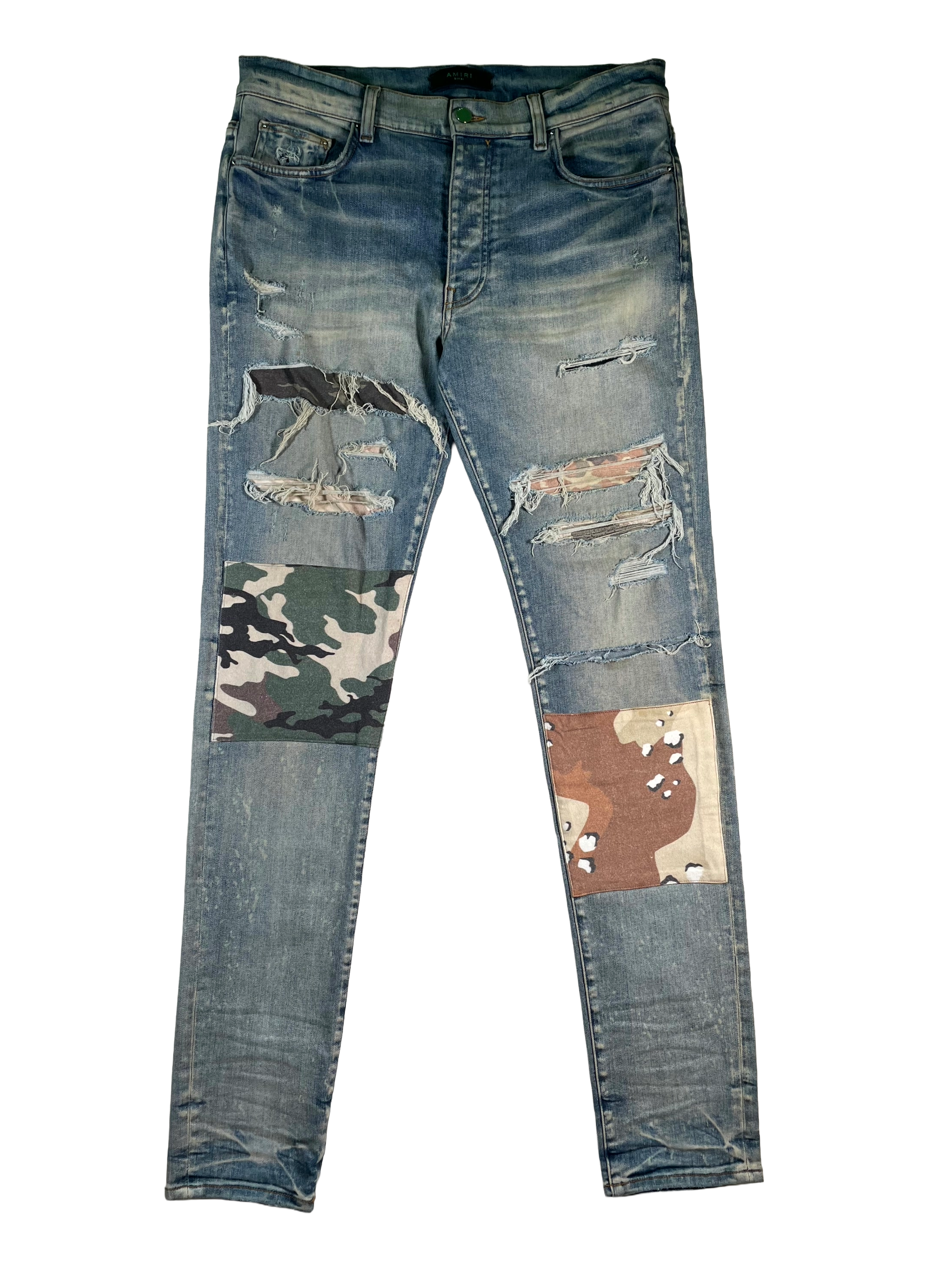 Amiri Desert Camo Patchwork Light Wash Jeans