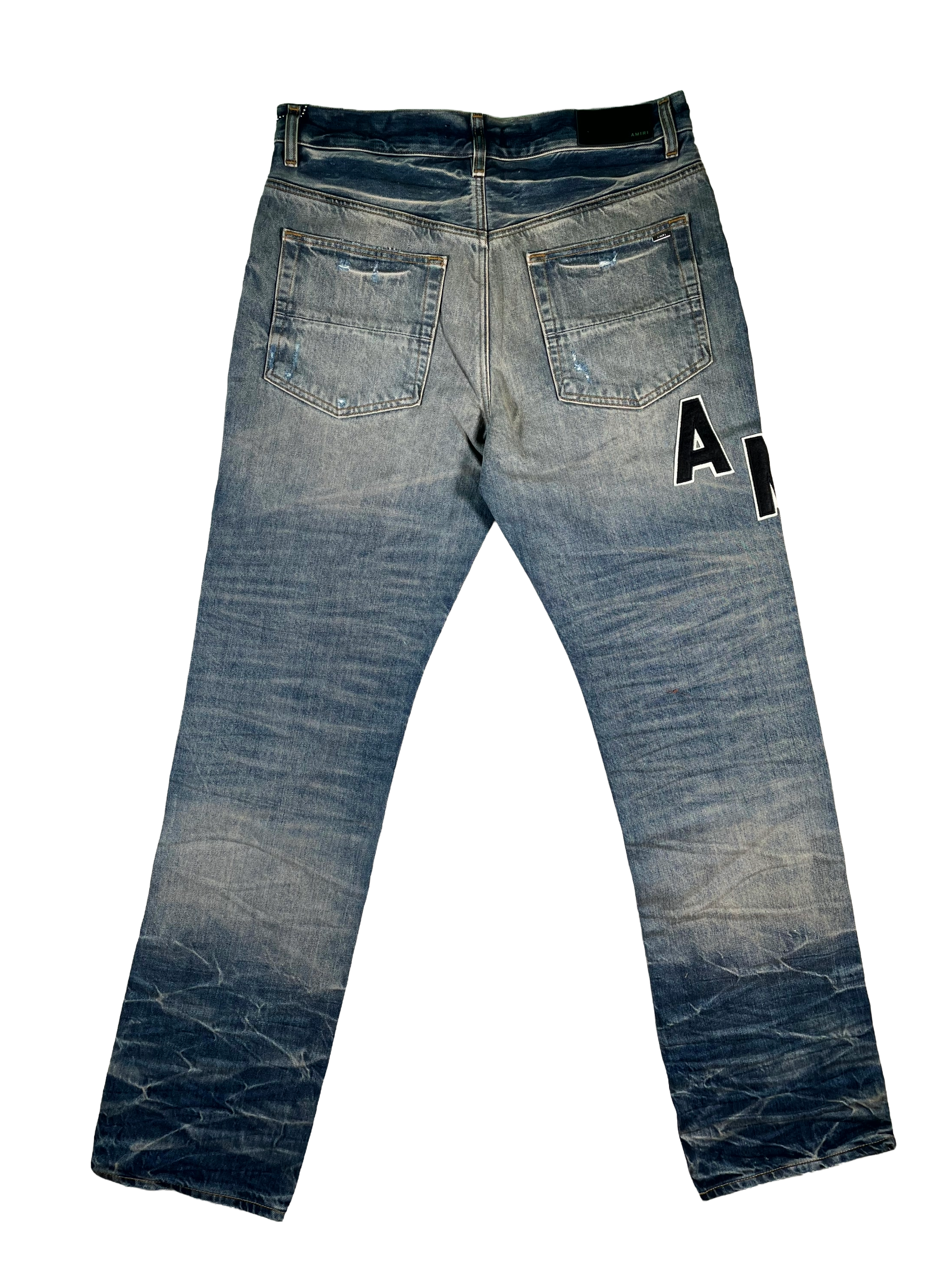 Amiri Vintage Indigo Hockey Logo Straight Leg Light Wash & Grey Jeans