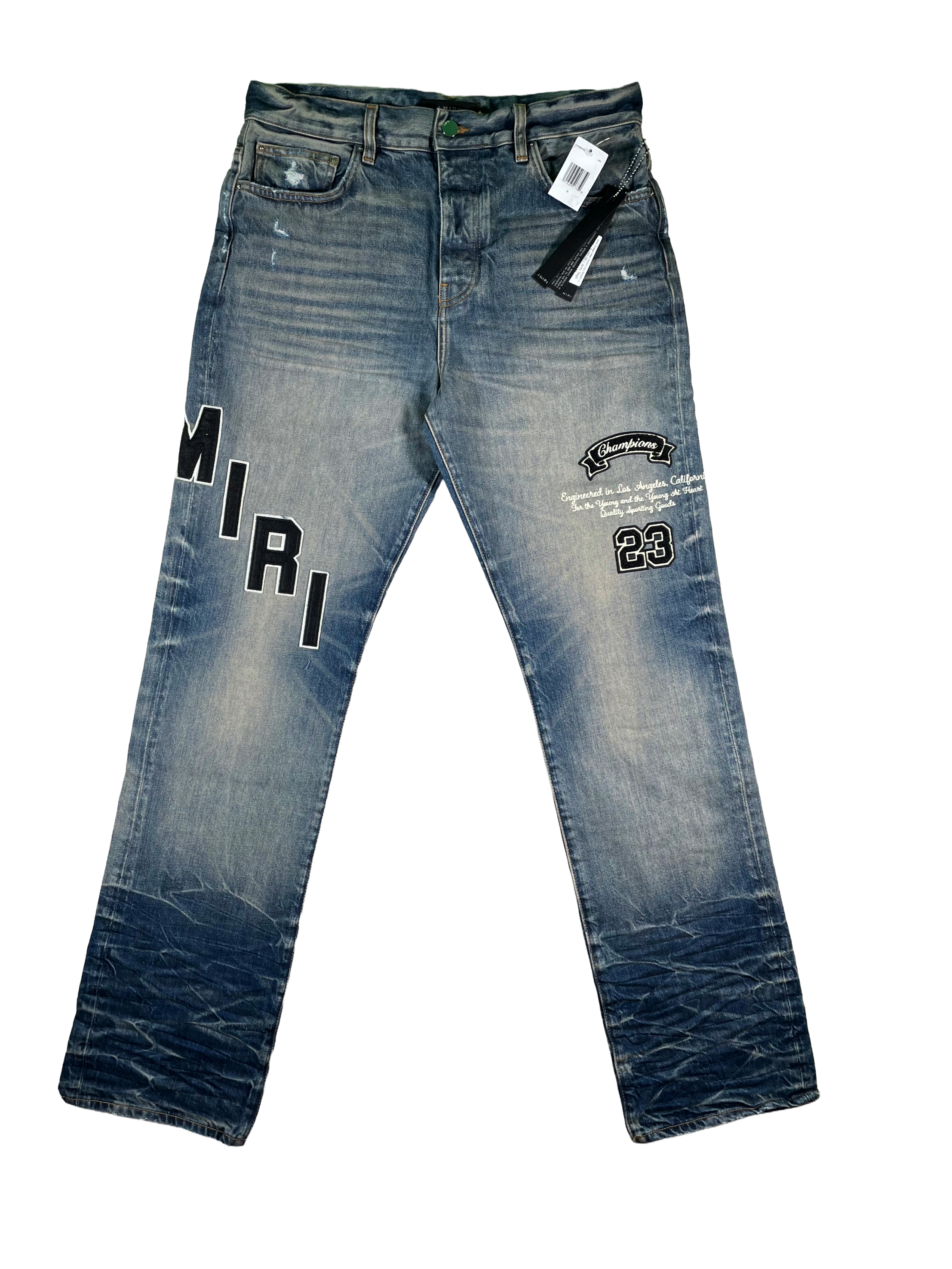 Amiri Vintage Indigo Hockey Logo Straight Leg Light Wash & Grey Jeans