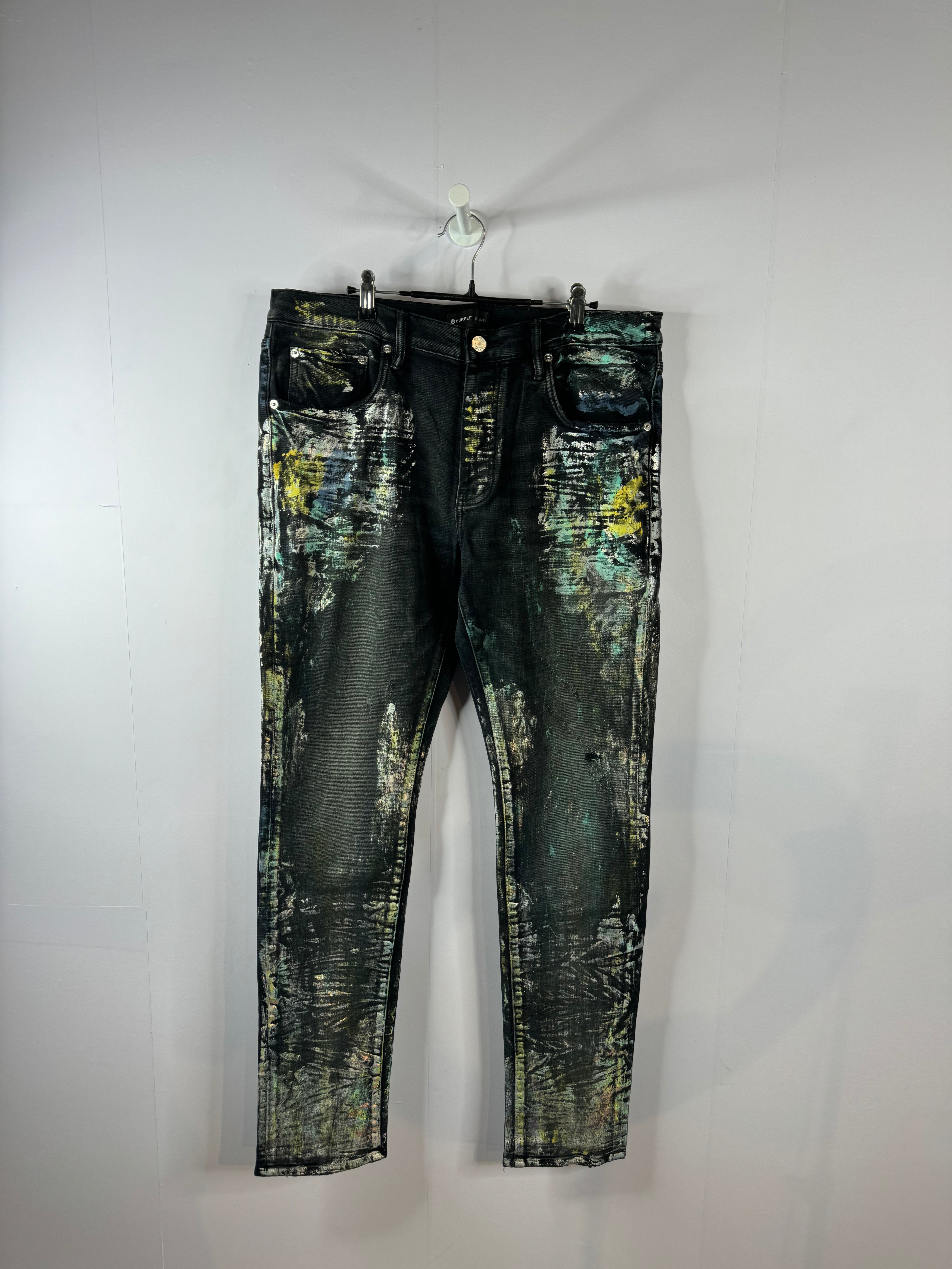 Purple Jeans Black Wax Splatter Used 36