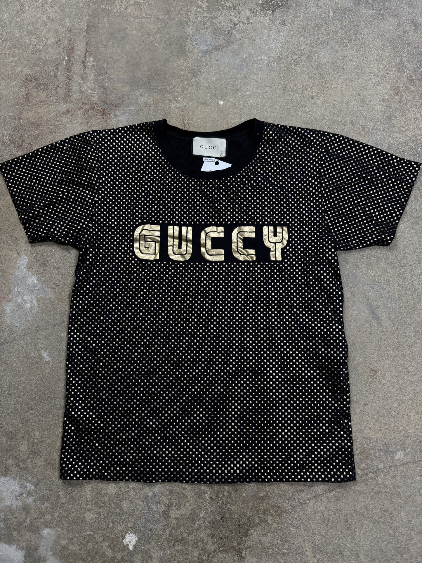 Gucci Tee Black Gold Stars GUCCY Used Small