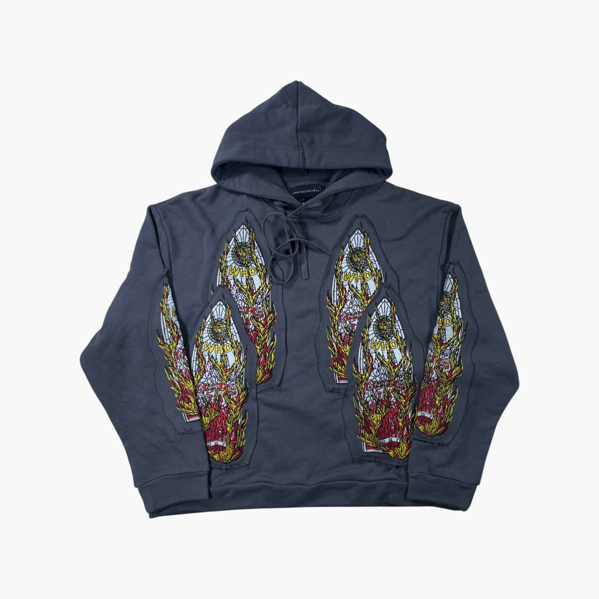 Who Decides War Embroidered Flames Glass Grey Hoodie