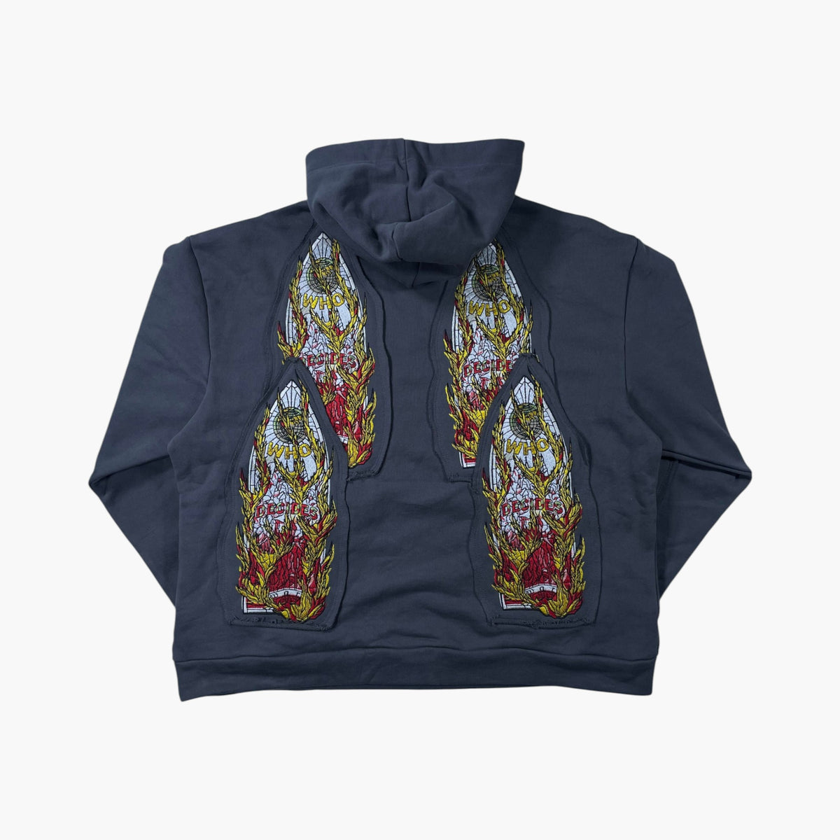 Who Decides War Embroidered Flames Glass Grey Hoodie