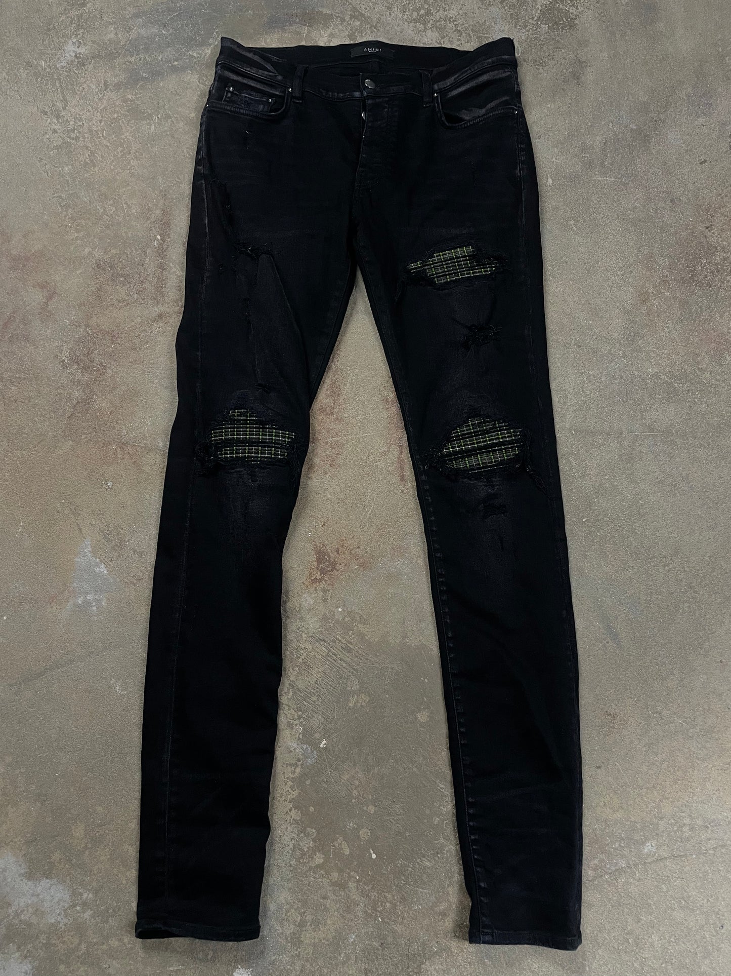 Amiri Jeans MX1 Black Neon Plaid Patch Used 33