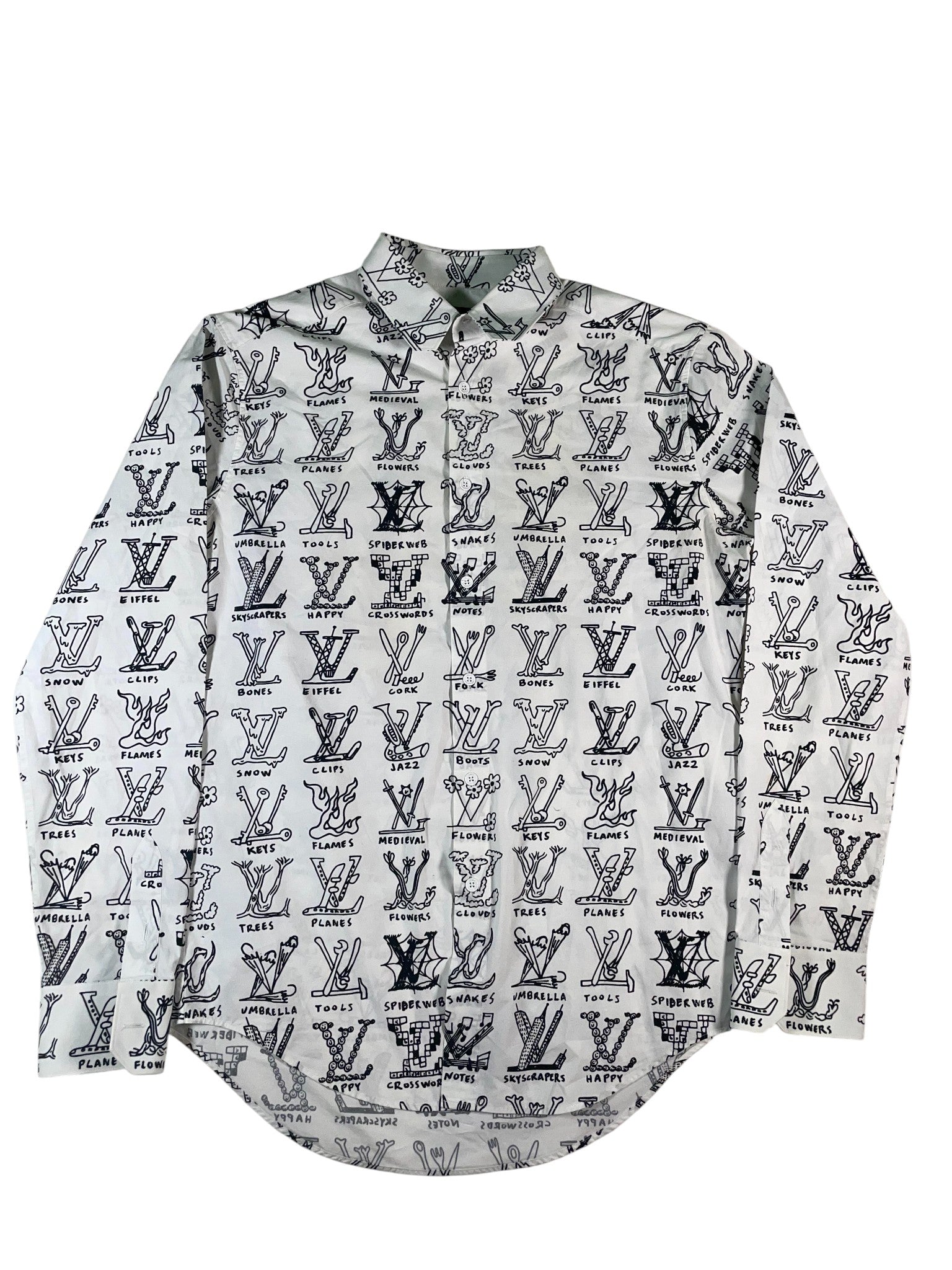 Louis Vuitton Multi Logo Print White & Black Button Up Shirt