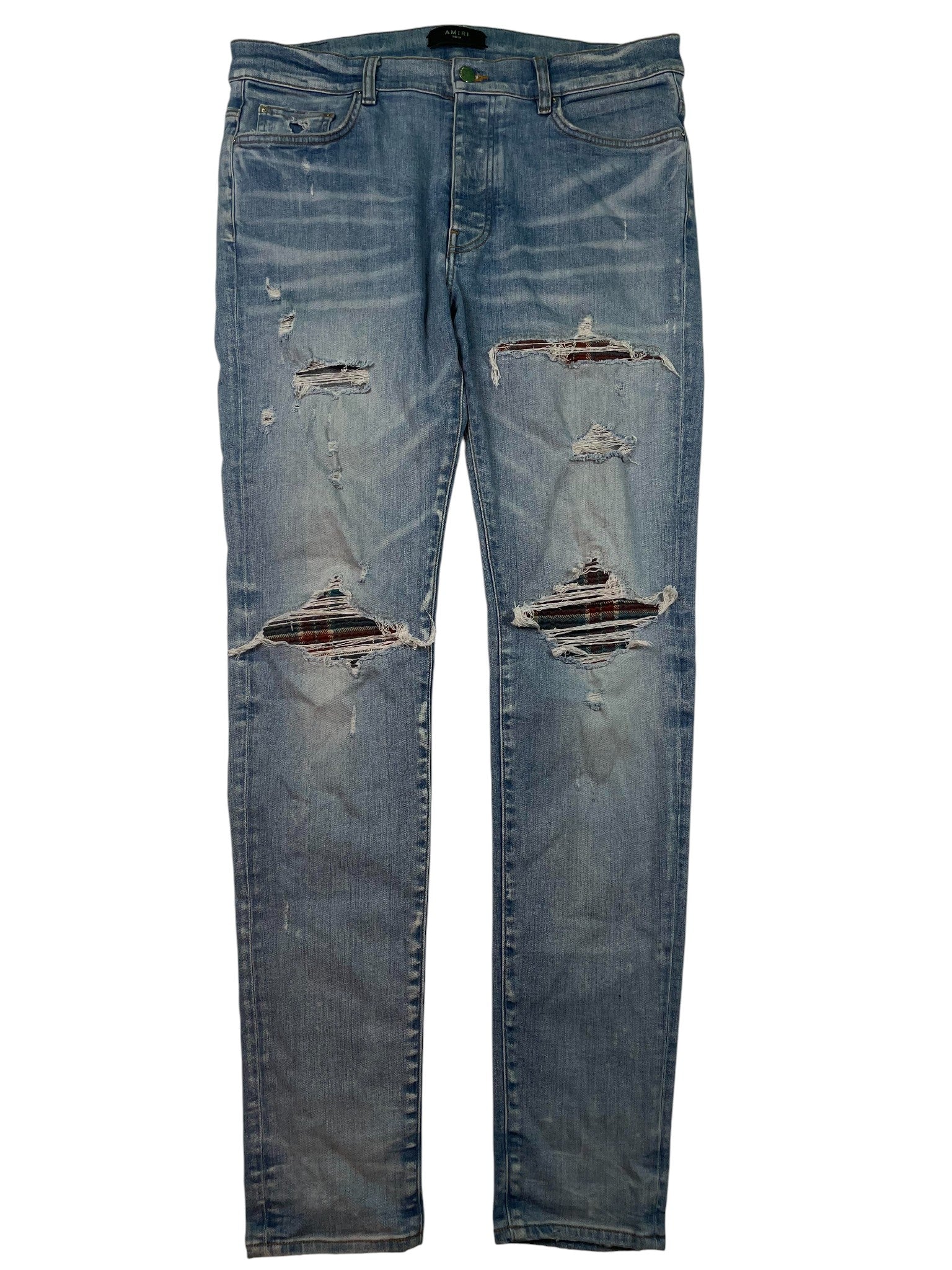 Amiri Burgundy & Blue Plaid Patch Light Wash Jeans