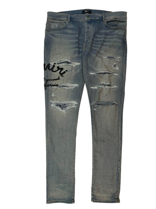 Amiri Hollywood Side Logo Light Wash Leather Jeans