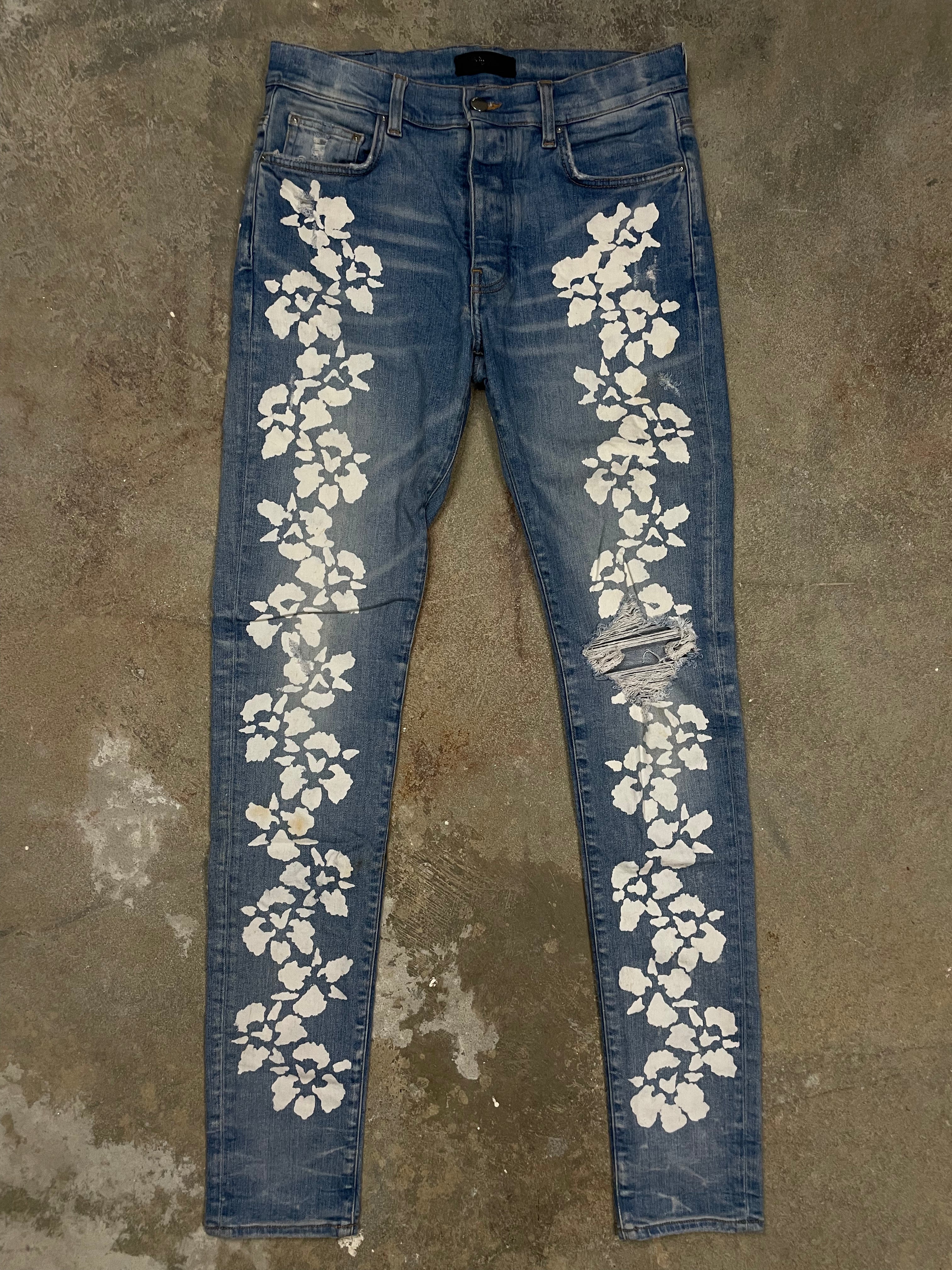 Amiri Floral Thrasher Cream Light Wash Jeans