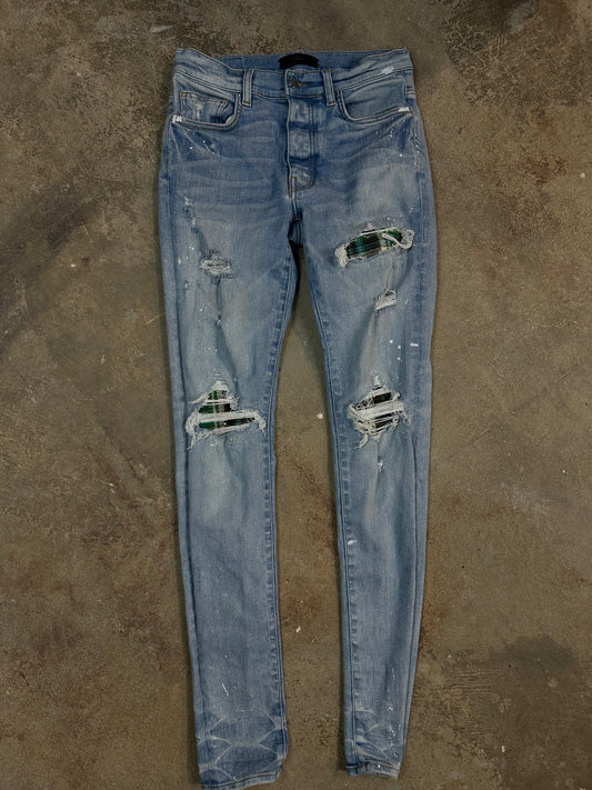 Amiri MX1 Light Wash Plaid Patch Green Used 30