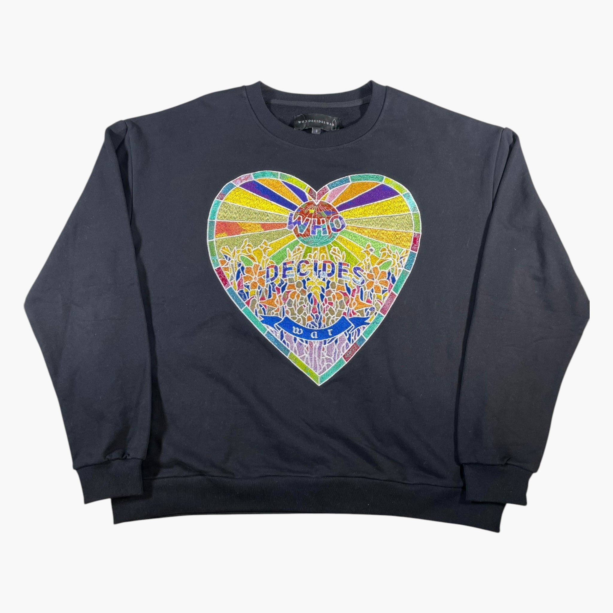 Who Decides War Stained Glass Heart Endearment Black Crewneck