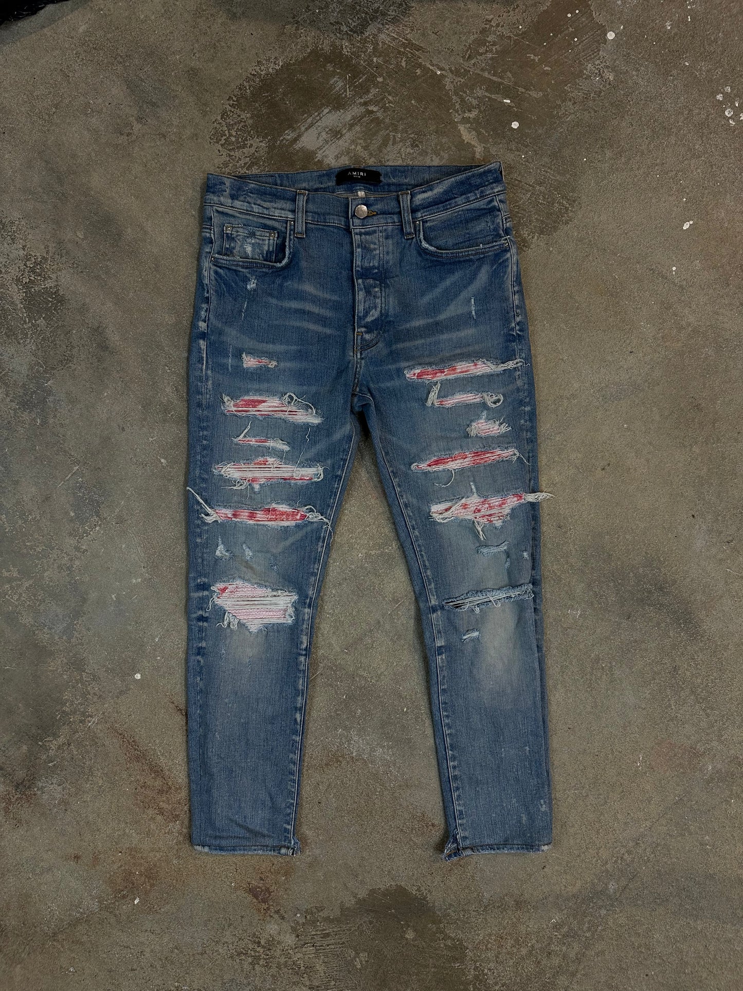 Amiri Red White Lightwash Thrasher Jeans  Used 32