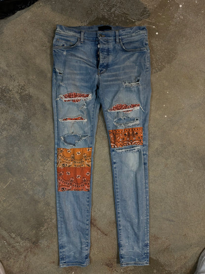 Amiri Jeans Light Wash Orange Paisley Patchwork Used 33