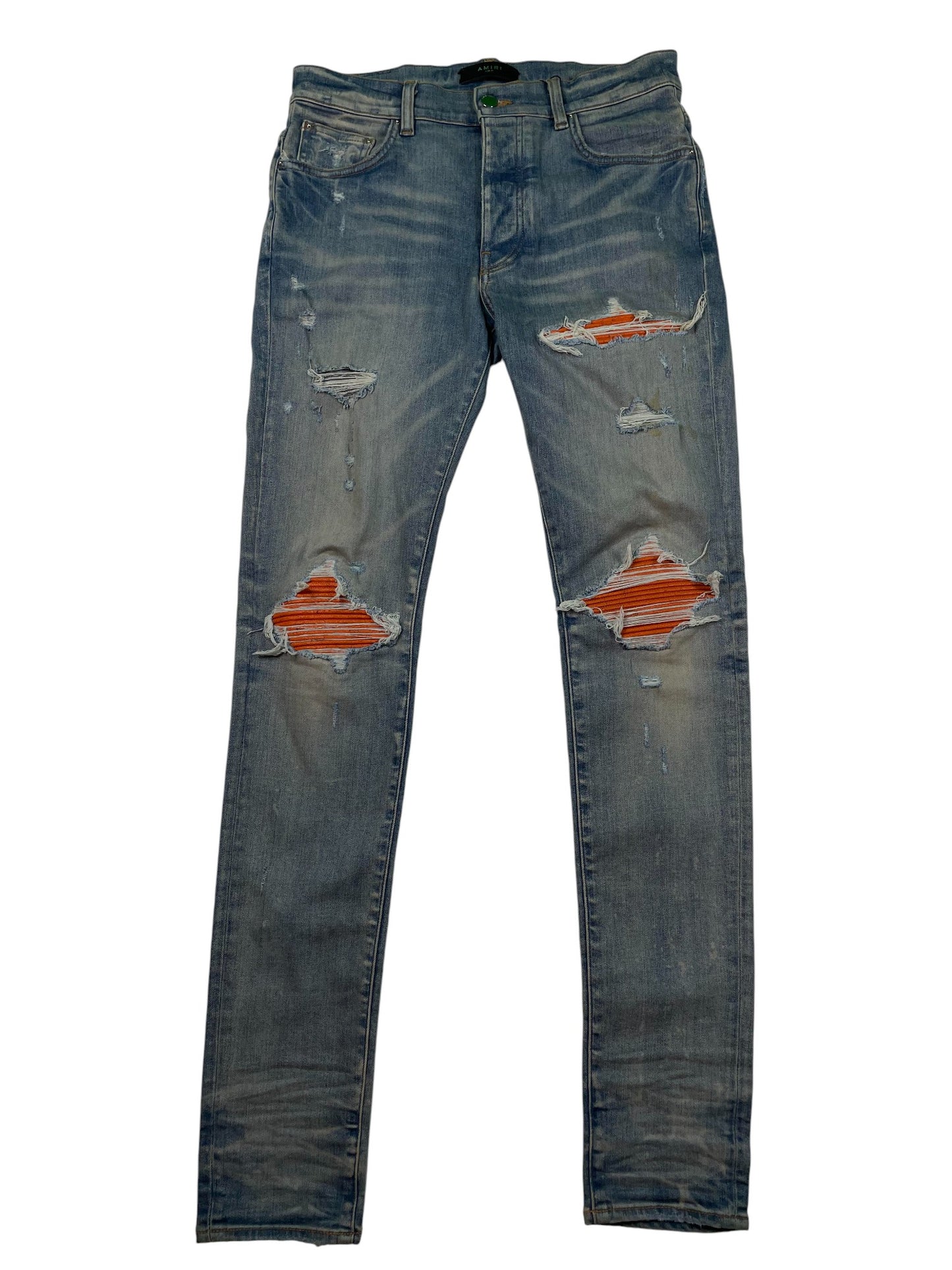 Amiri MX1 Light Wash Orange Crackle Jeans