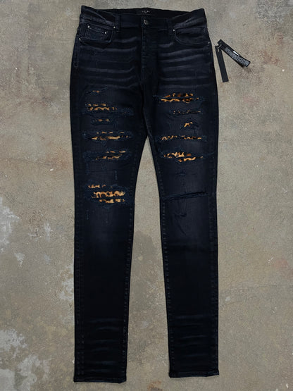 Amiri Jean Leopard Thrasher Aged Black