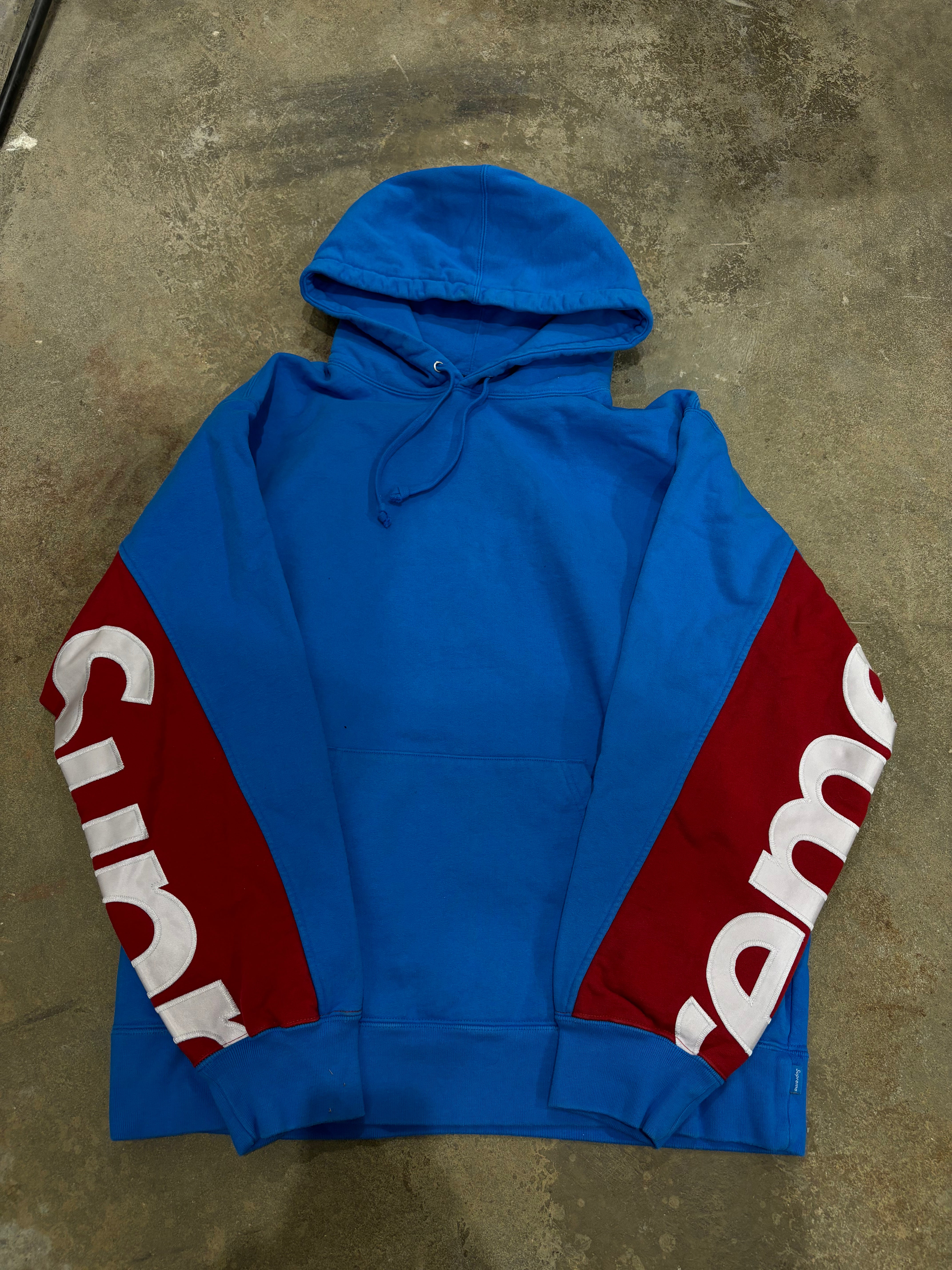 Supreme Hoodie Blue Red Sleeve Logo New Large