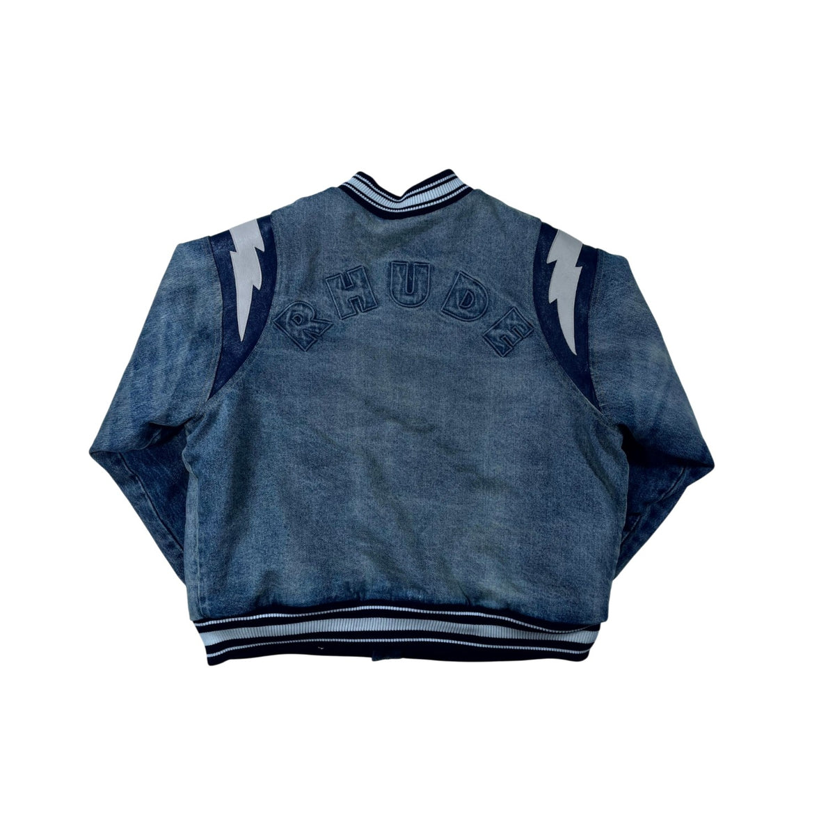 Rhude Denim Leather Varsity Blue Jacket