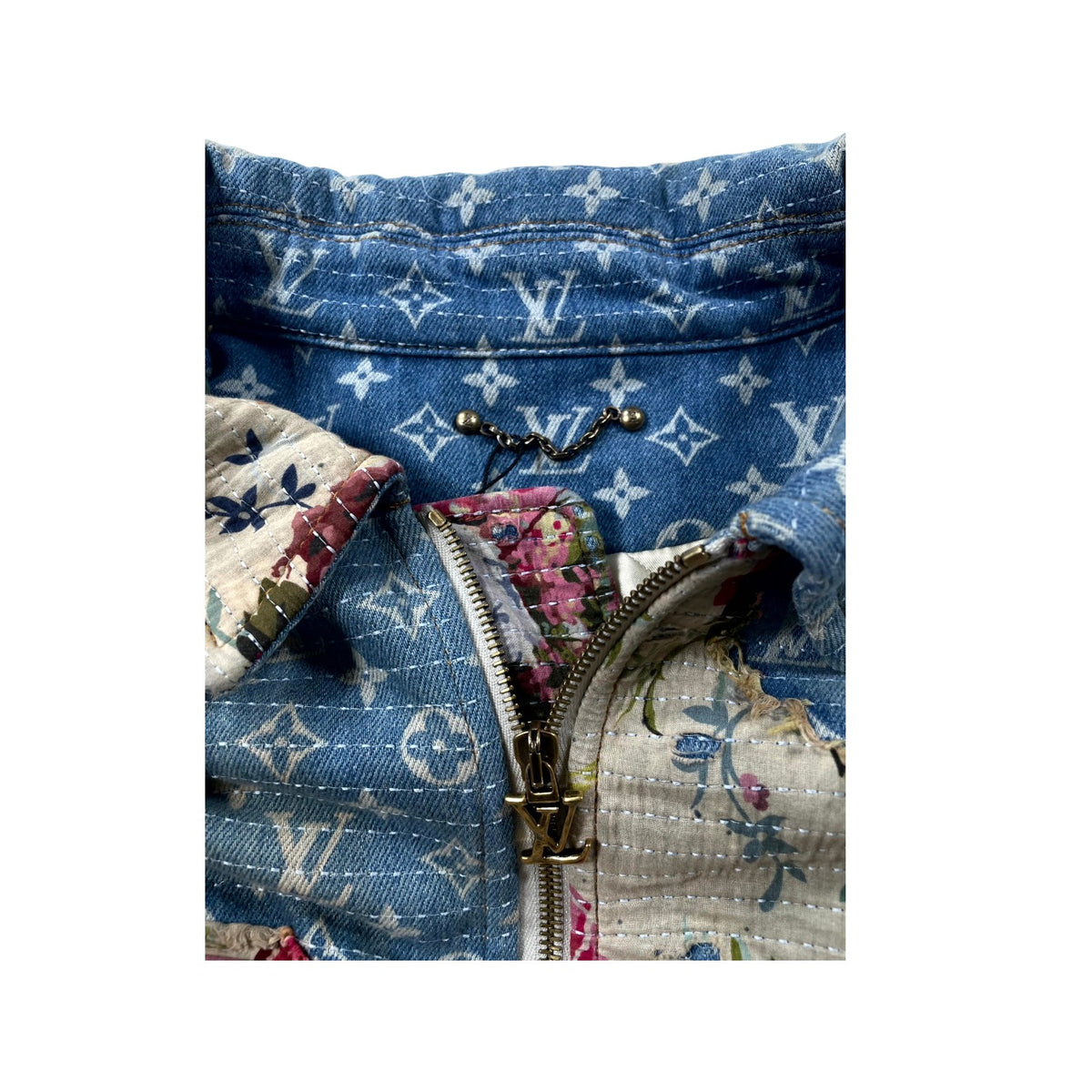 Louis Vuitton Denim Floral Destroyed Quilted Light Wash & Multicolor Jacket