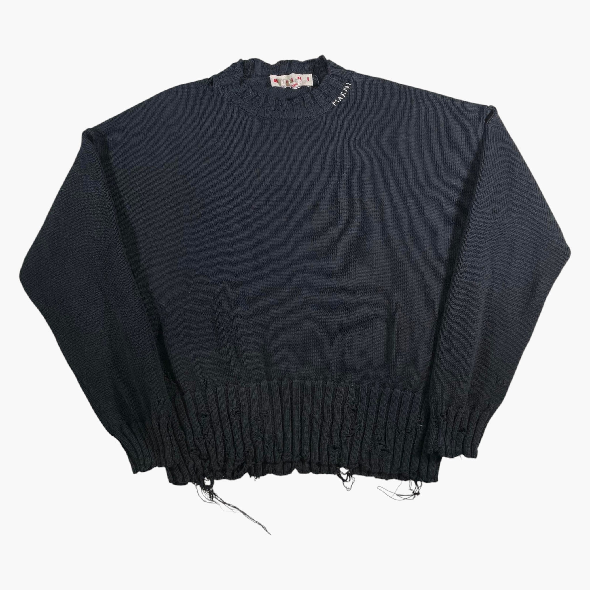 Marni Distressed Knit Neck Logo Black Sweater