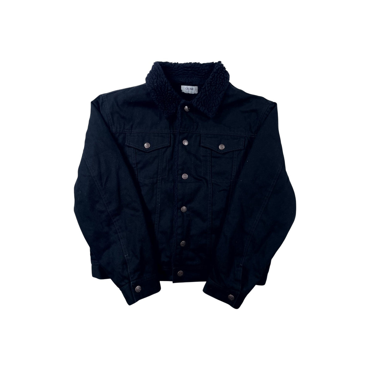Celine Sherpa Lined Rhinestone Logo Denim Black Jacket
