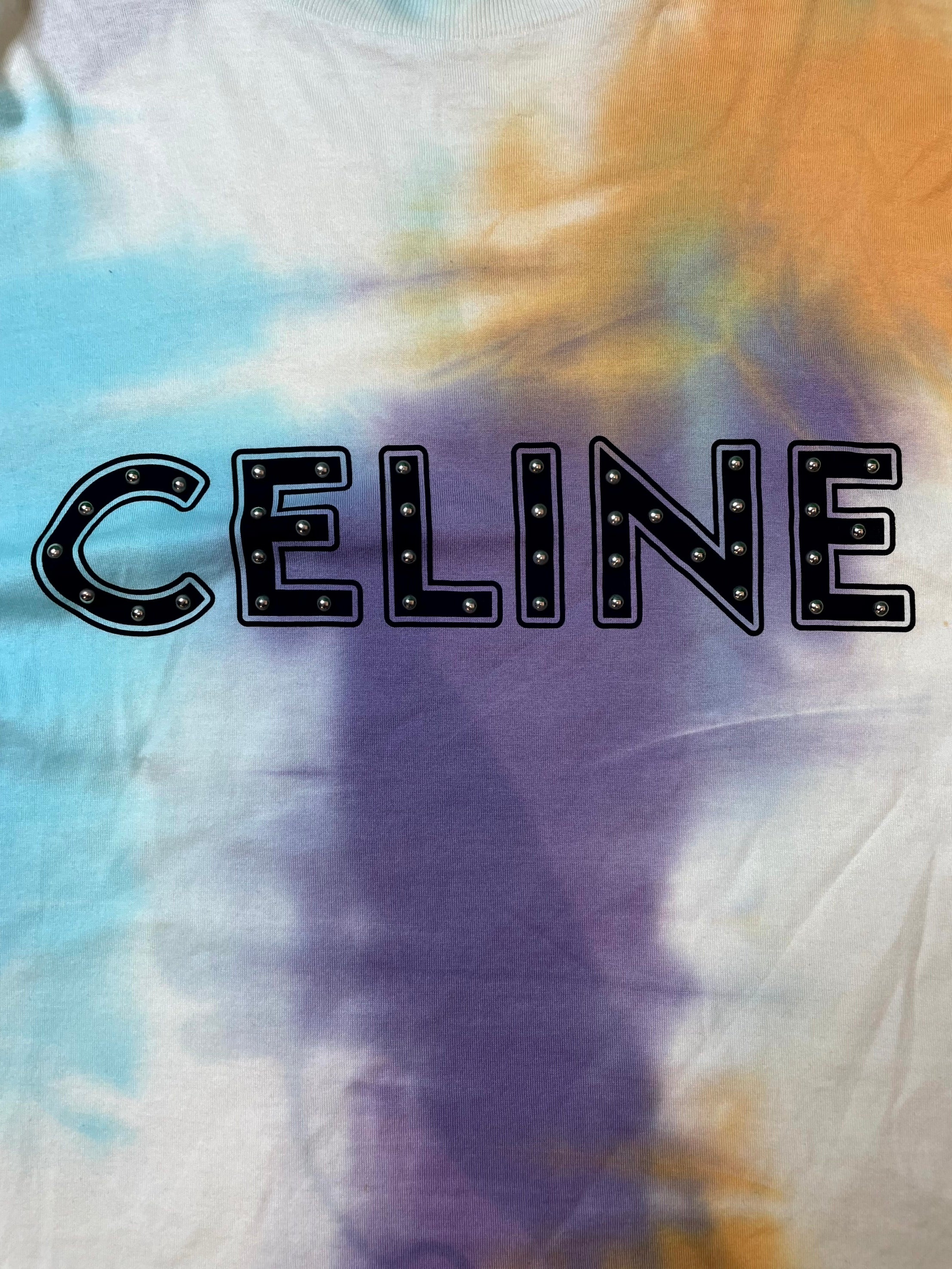 Celine Studded Spellout Logo Tie Dye Tee