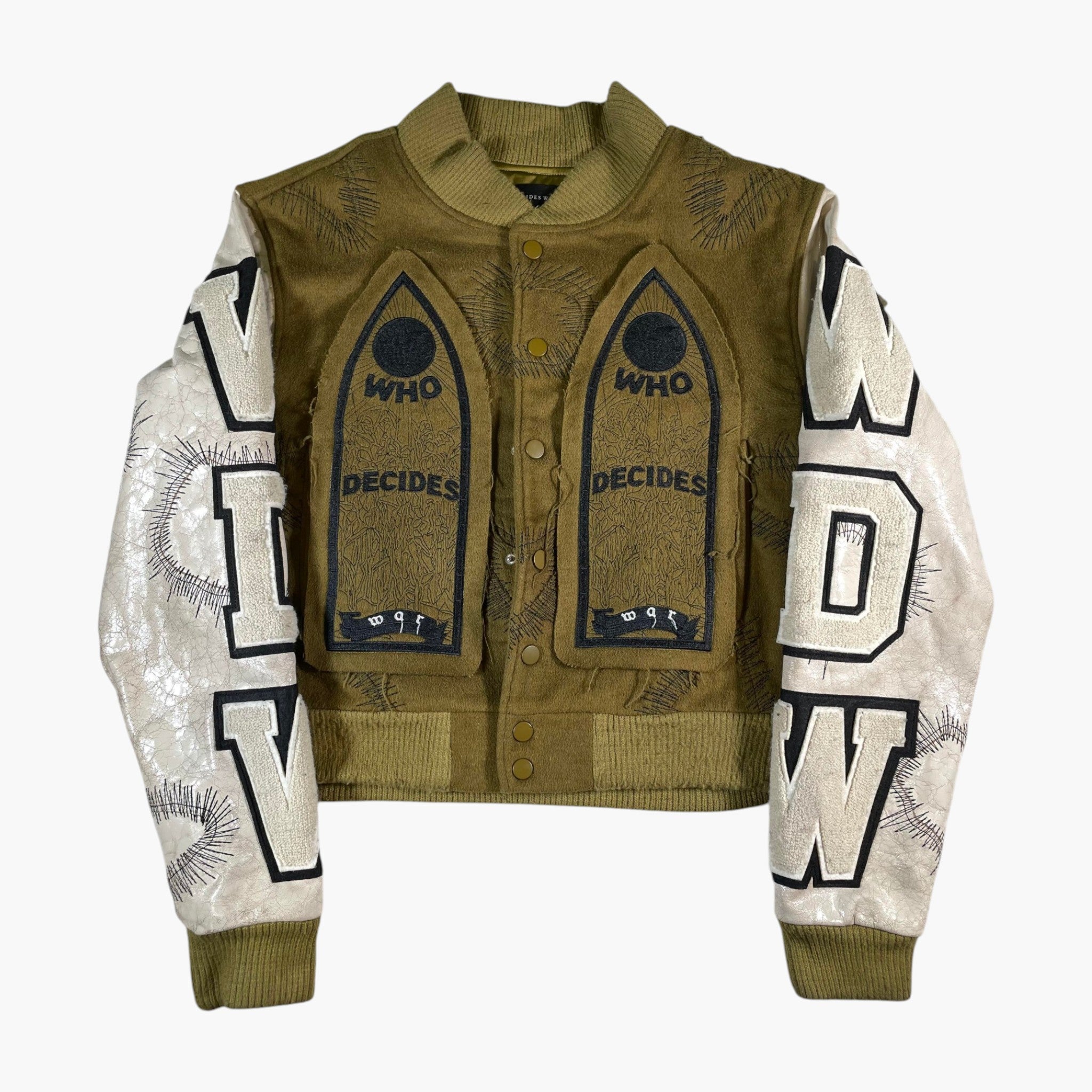 Who Decides War Stained Olive Varsity Jacket