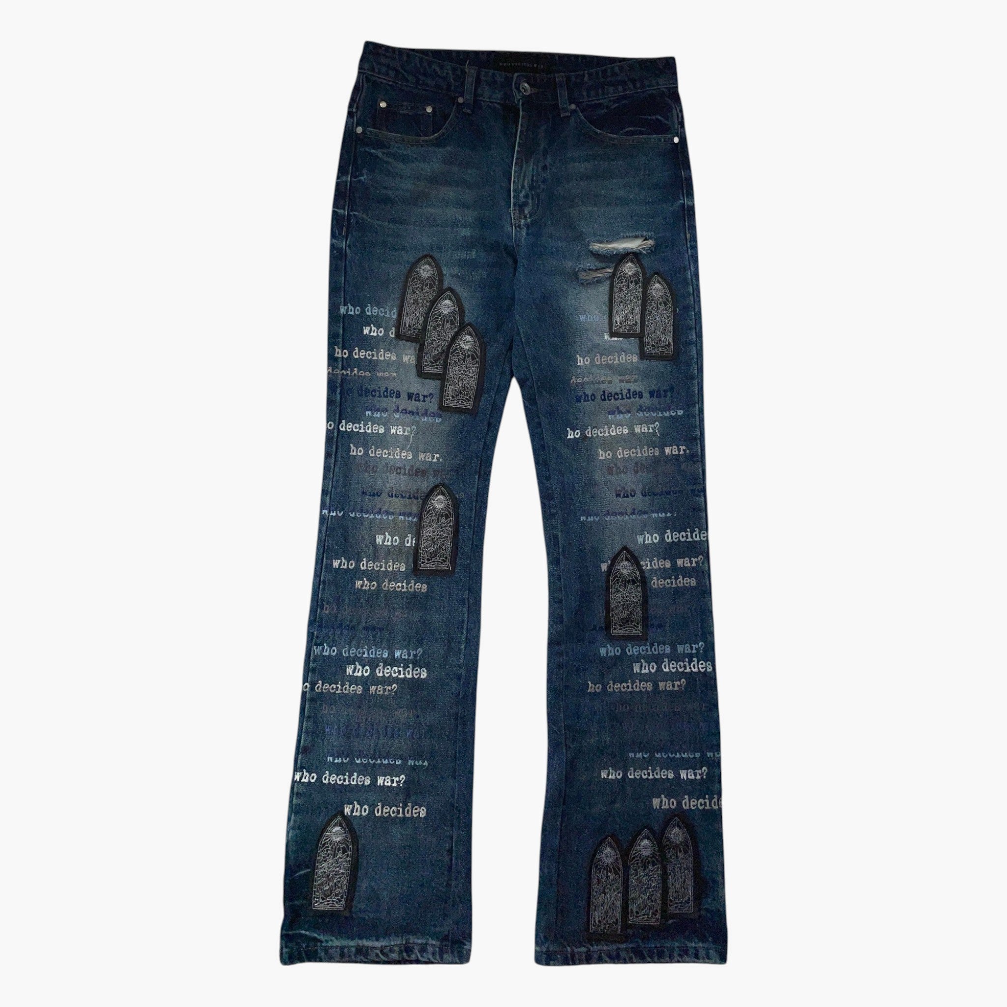 Who Decides War Scripture Patch Navy Jeans