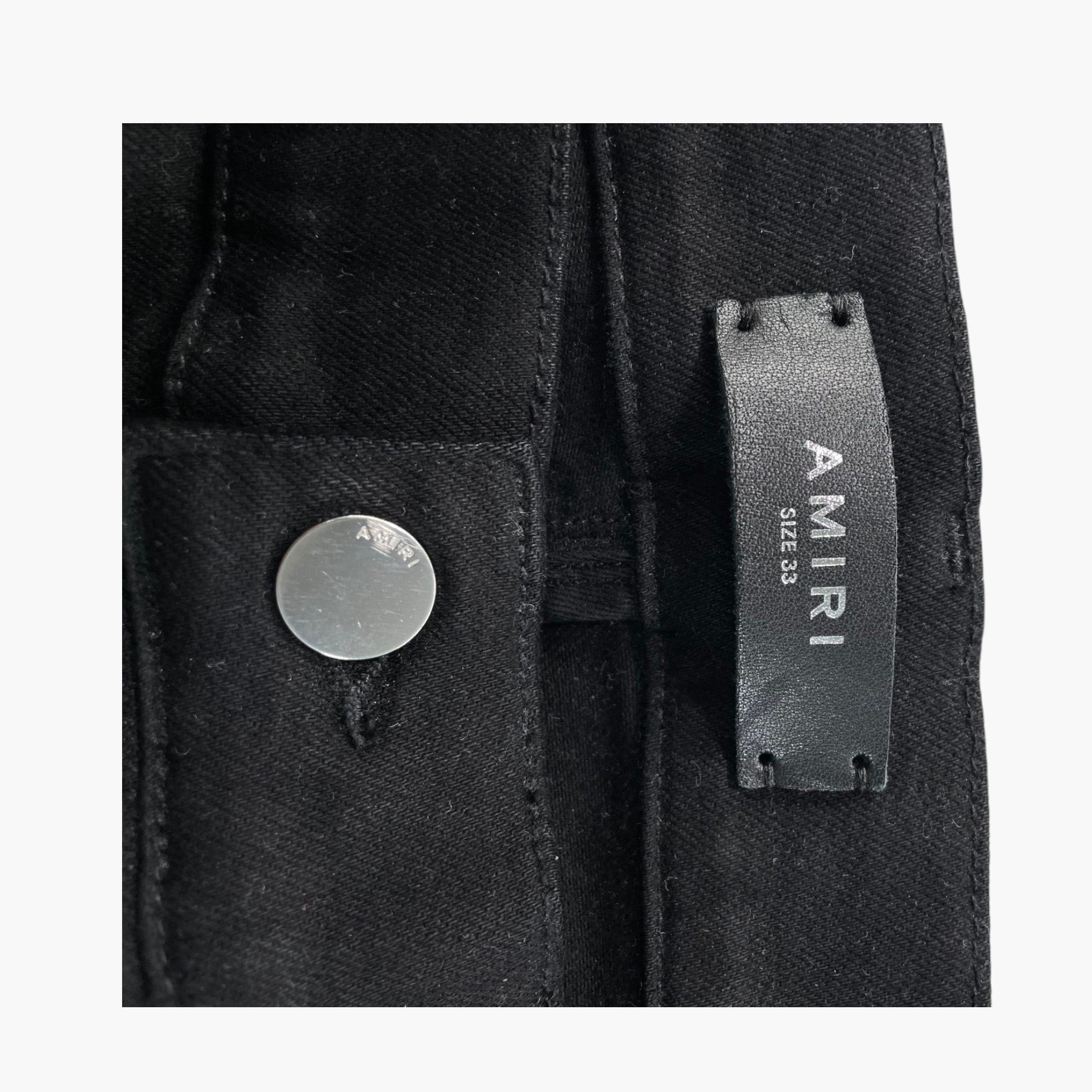 Amiri Logo Cream Staggered Side Black Jeans
