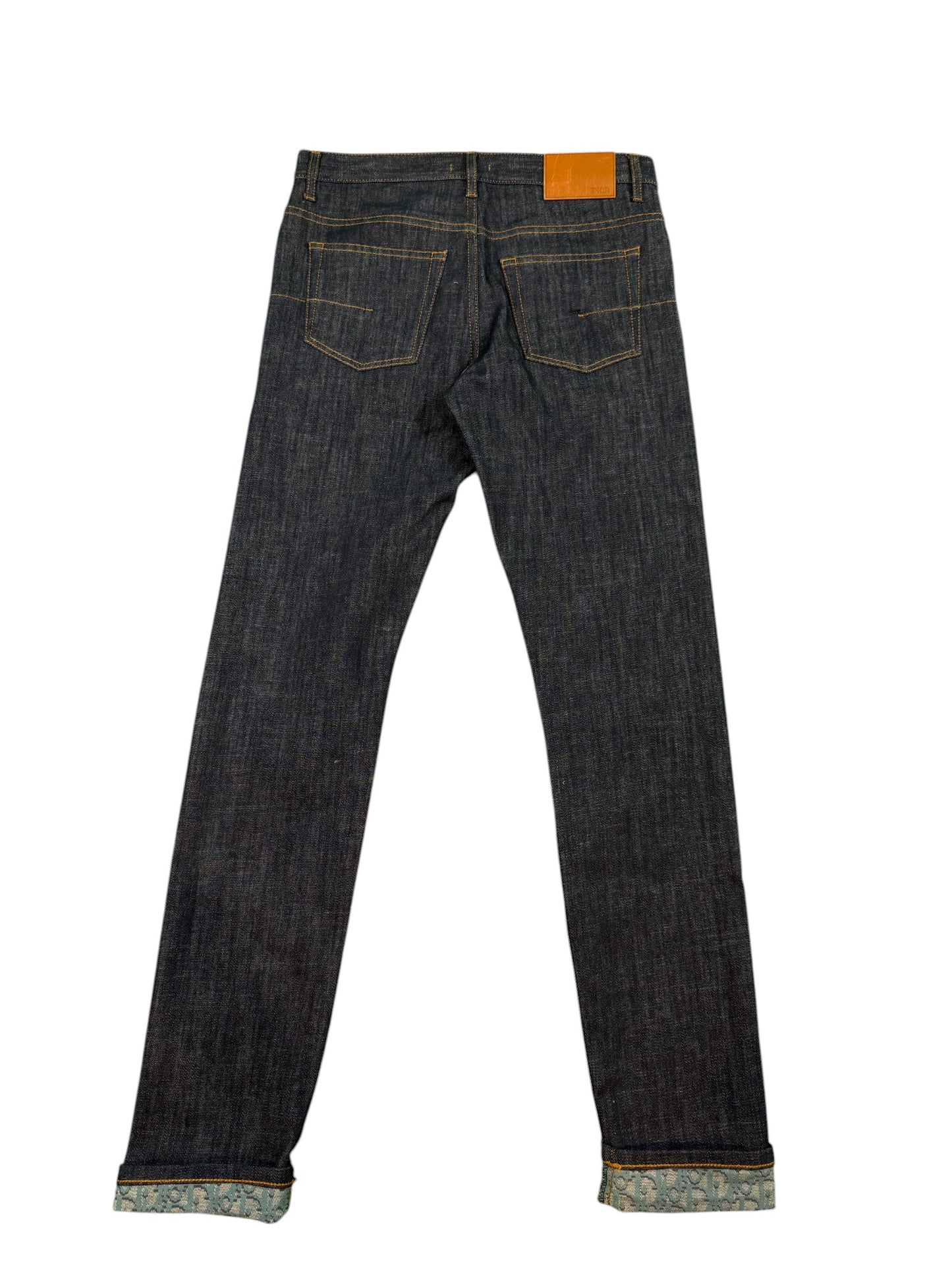 Dior Oblique Cuff Logo Dark Wash Blue Jeans