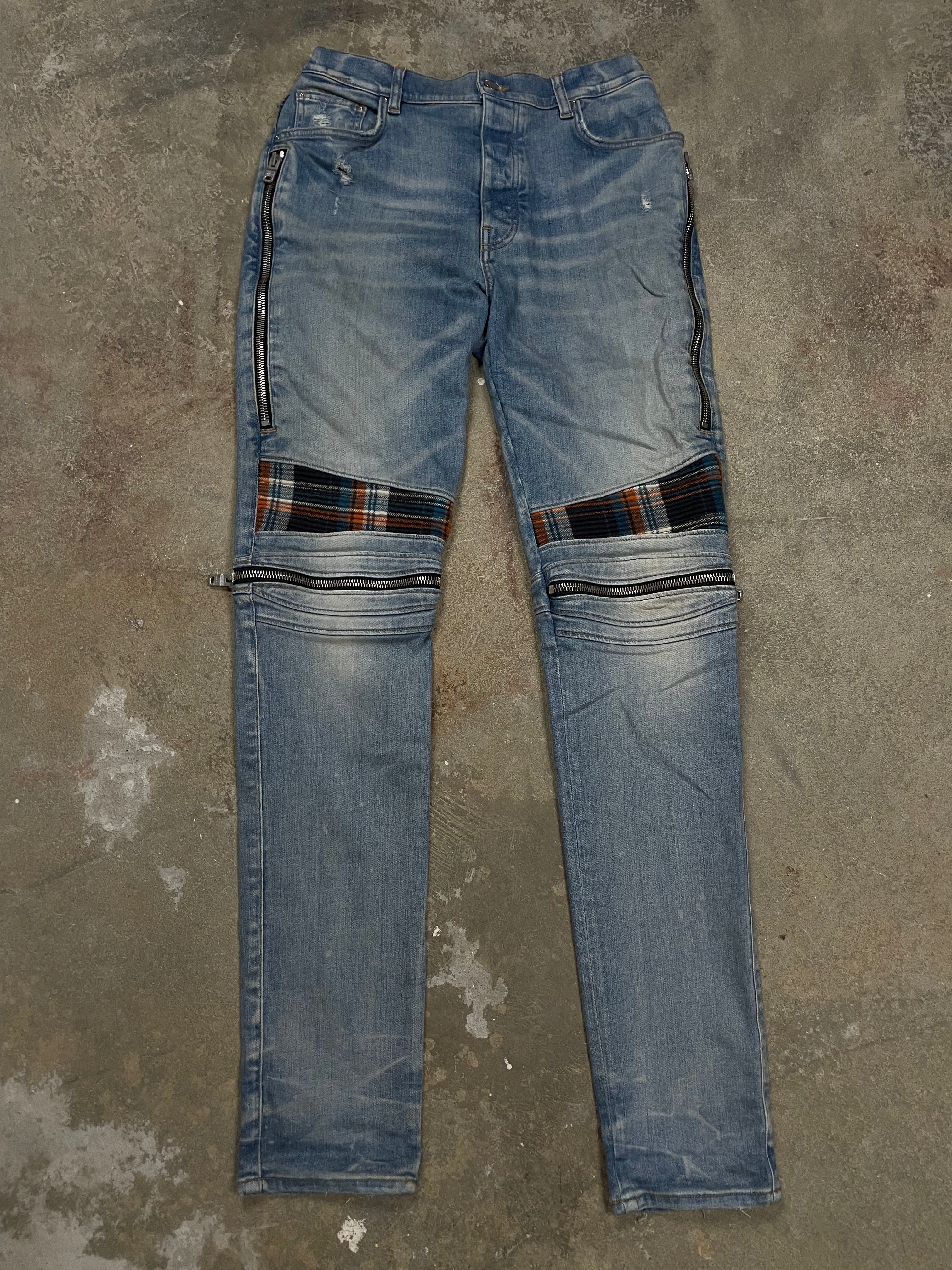 Amiri MX2 Light Wash Blue Orange Plaid Patch Used 36 (Tailored)