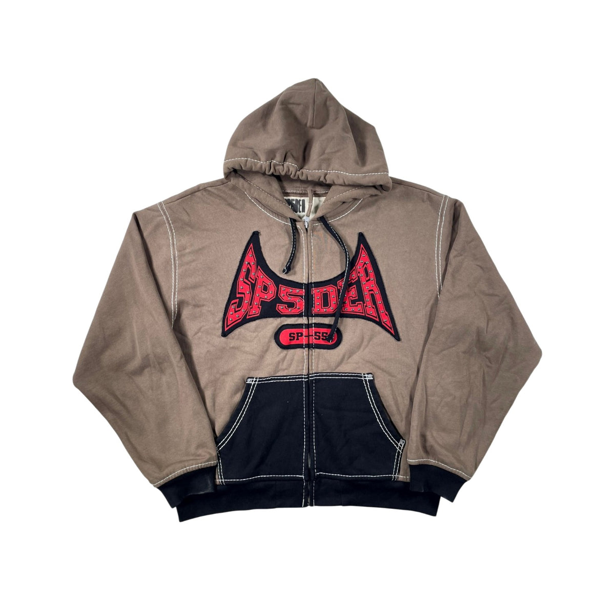 Sp5der Studded Logo Zip Up Brown, Black & Red Hoodie