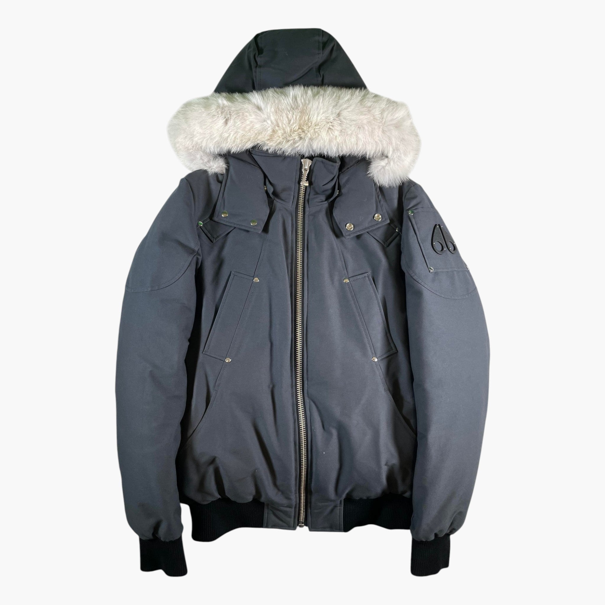Moose Knuckles Grey & White Fur Bomber Jacket