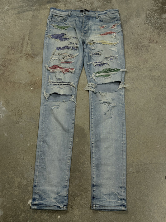 Amiri Light Wash Multi Paisley Thrasher Used 36