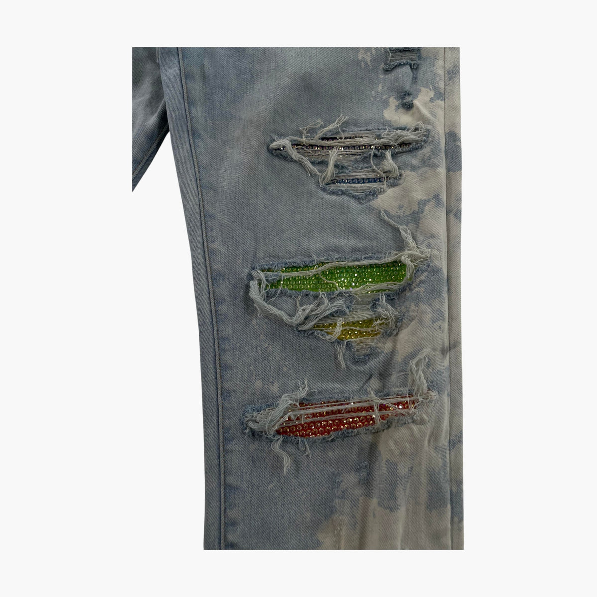 Amiri Thrasher Rainbow Swarovski Crystal Bleach Wash Patch Jeans