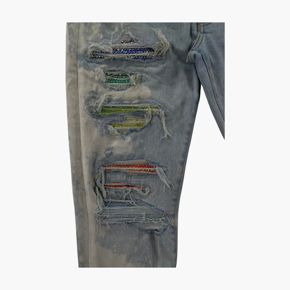 Amiri Thrasher Rainbow Swarovski Crystal Bleach Wash Patch Jeans