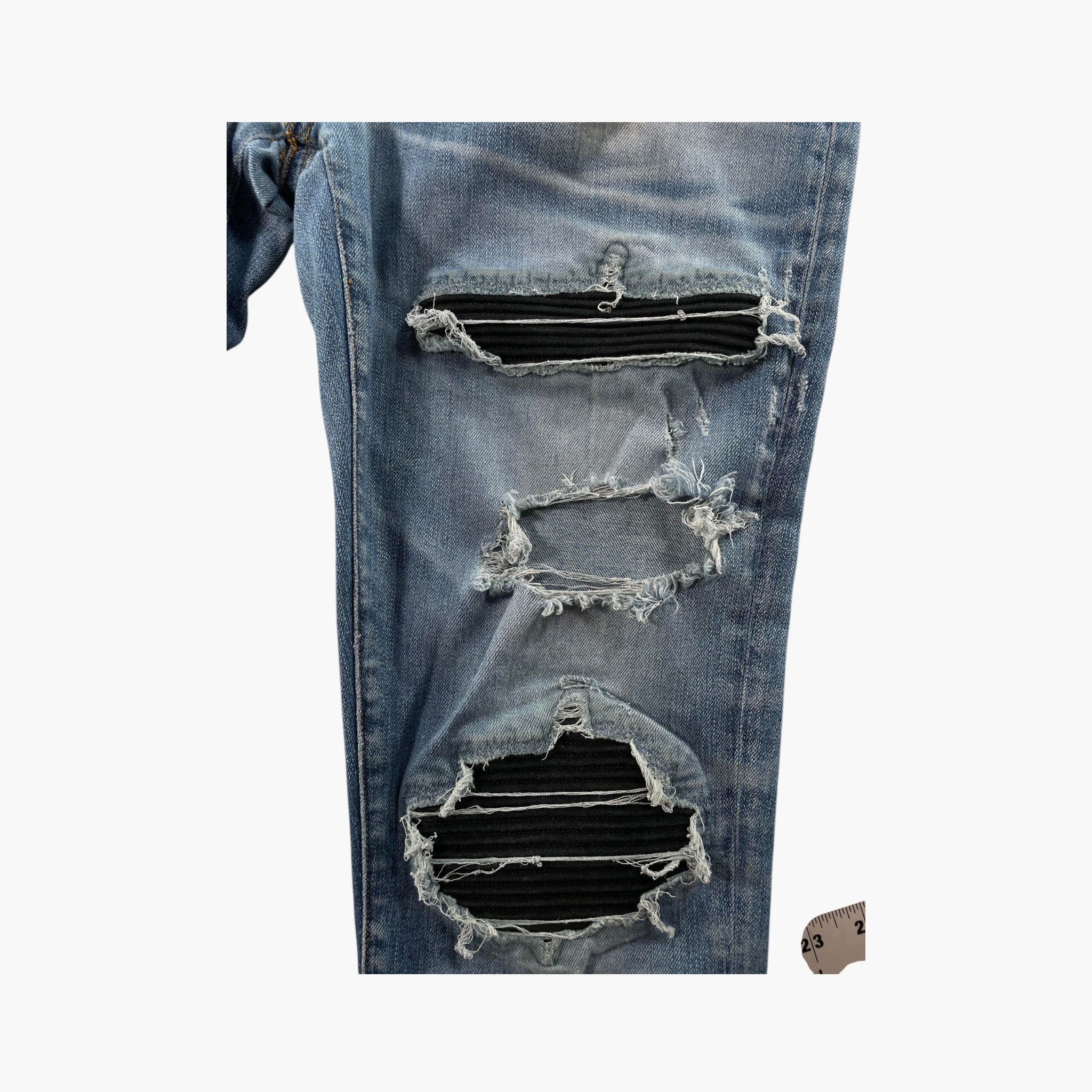 Amiri MX1 Black Suede Patch Light Wash Jeans