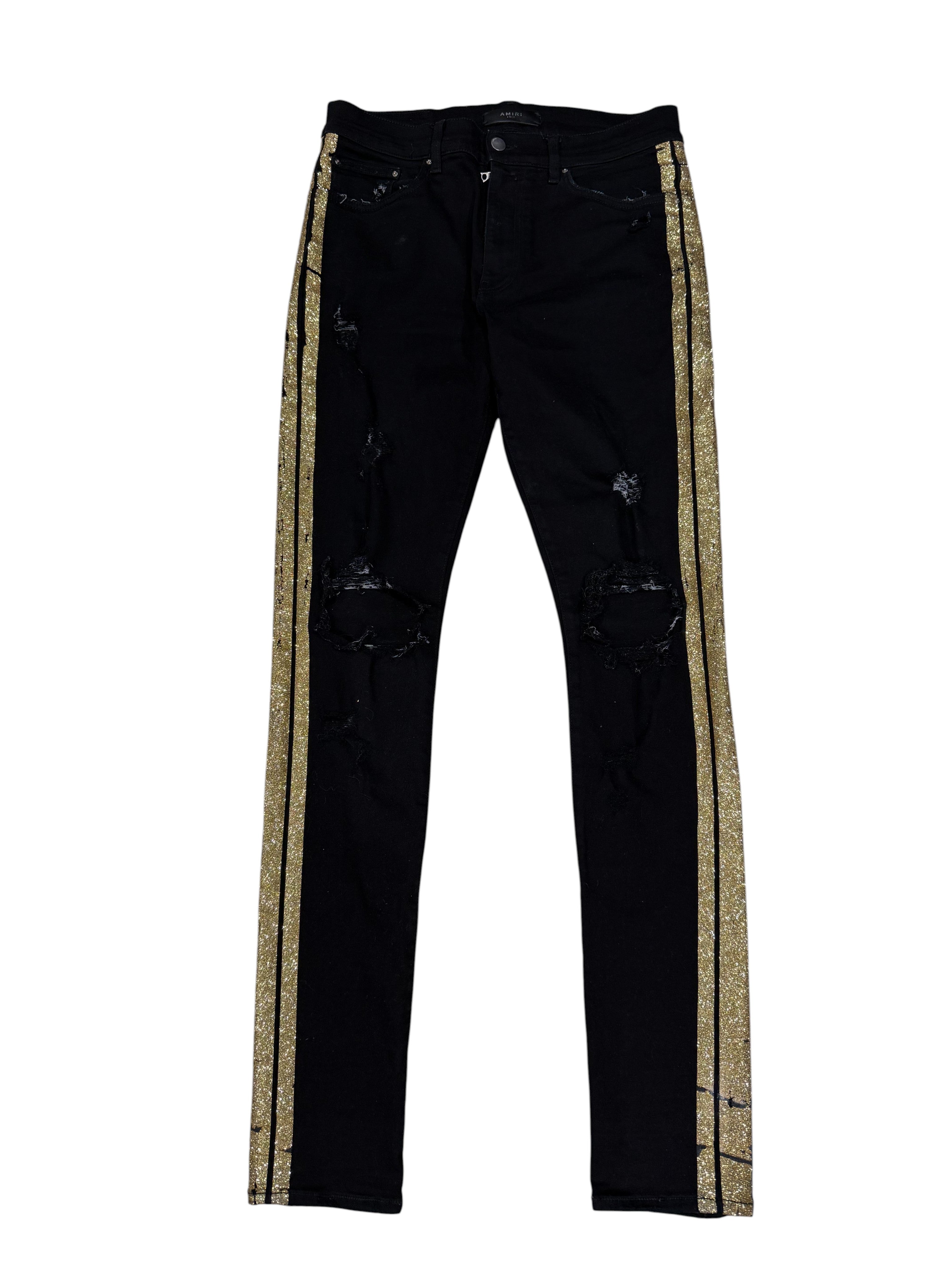 Amiri Gold Stripe Black Thrasher Jeans