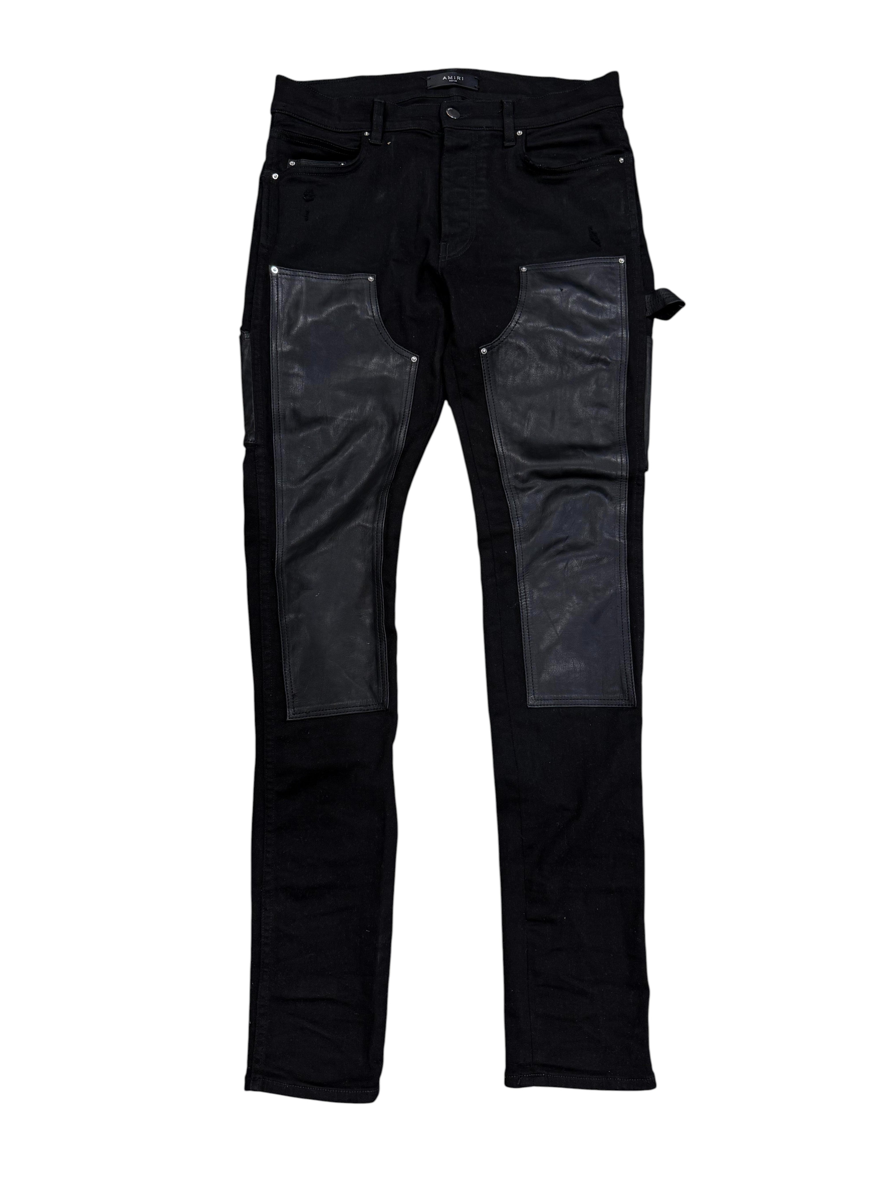 Amiri 'Double Knee' Black Leather Skinny Jeans