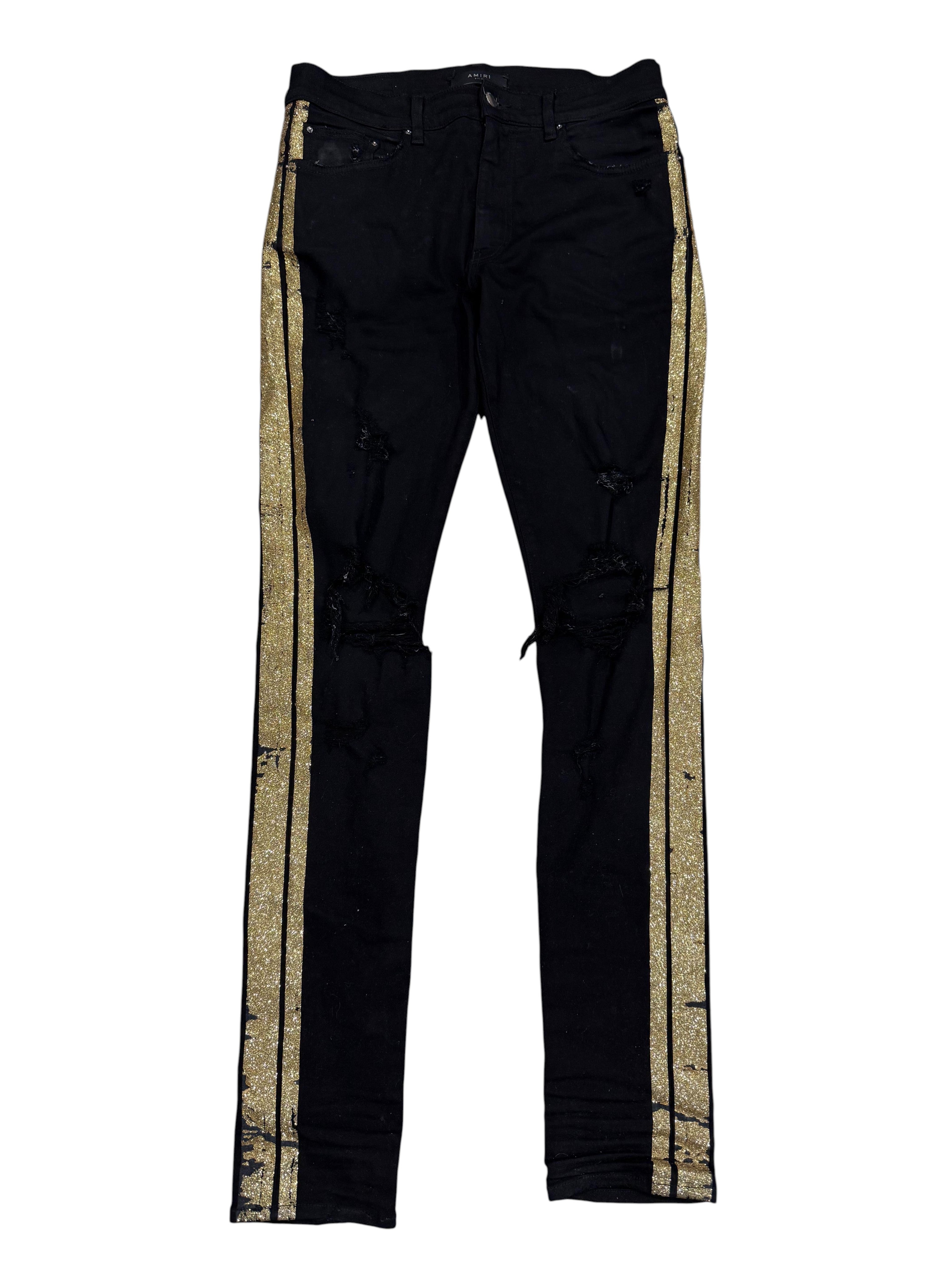 Amiri Gold Glitter Stripe Black Jeans
