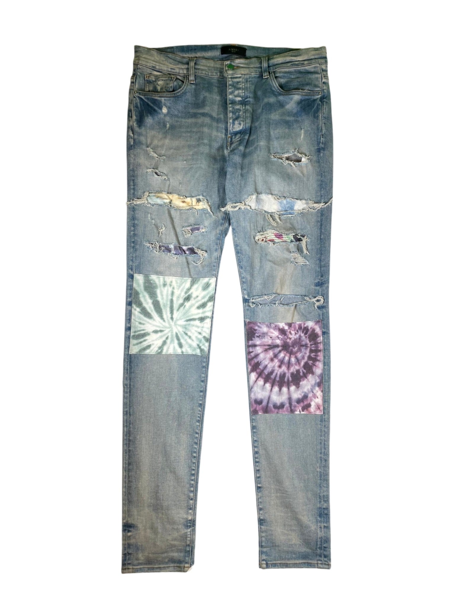 Amiri Tie Dye Patchwork Light Wash Jeans