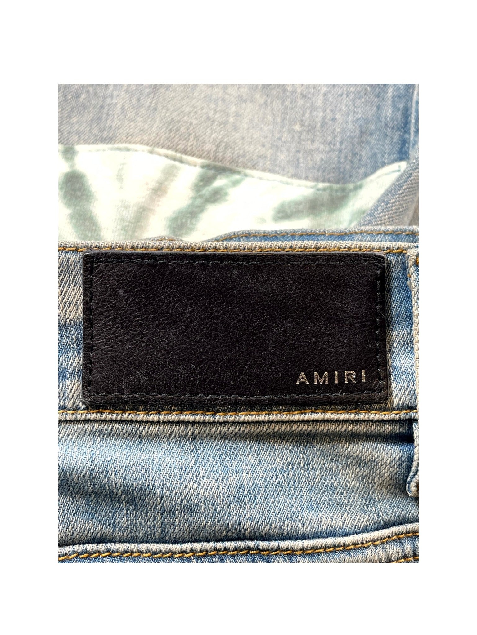 Amiri Tie Dye Patchwork Light Wash Jeans