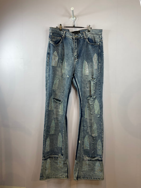 WDW Rhinestone Window Distressed Denim