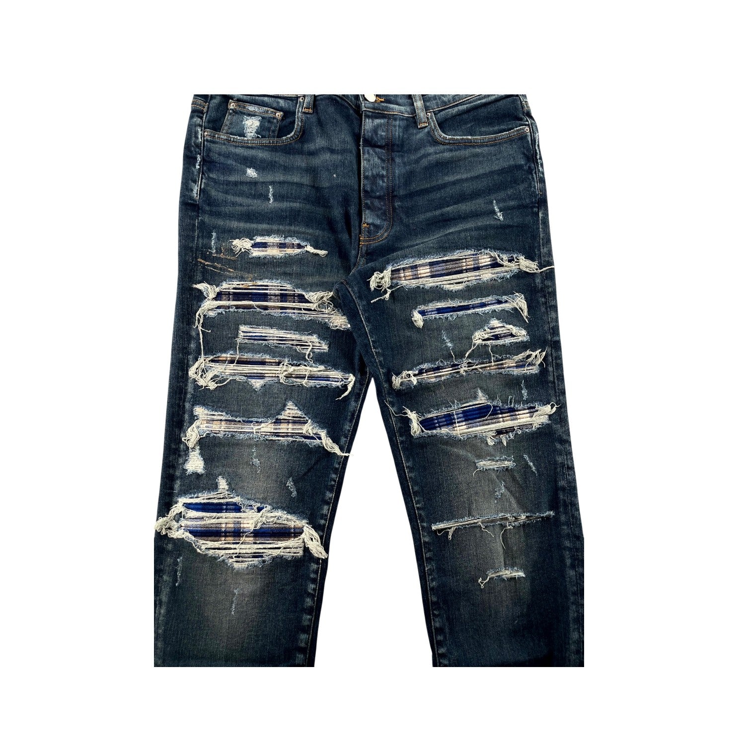 Amiri Plaid Thrasher Patch Navy, Blue & Cream Jeans