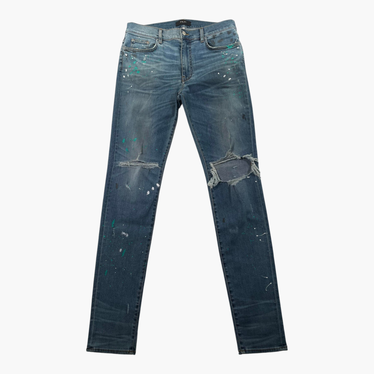 Amiri Teal Splatter Ripped Light Wash Jeans