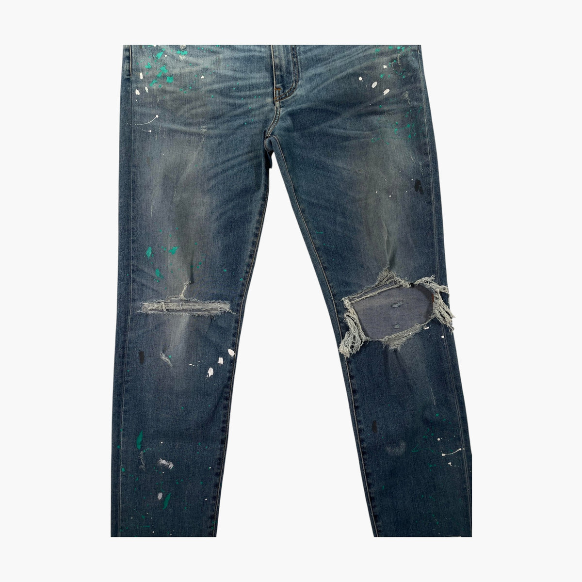 Amiri Teal Splatter Ripped Light Wash Jeans