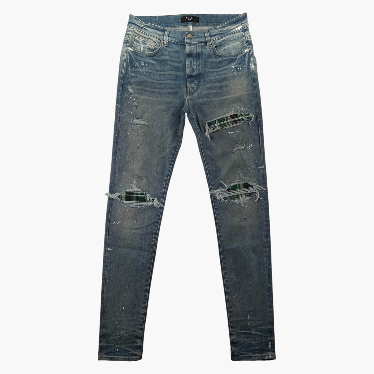 Amiri MX1 Green Plaid Patch Light Wash Jeans
