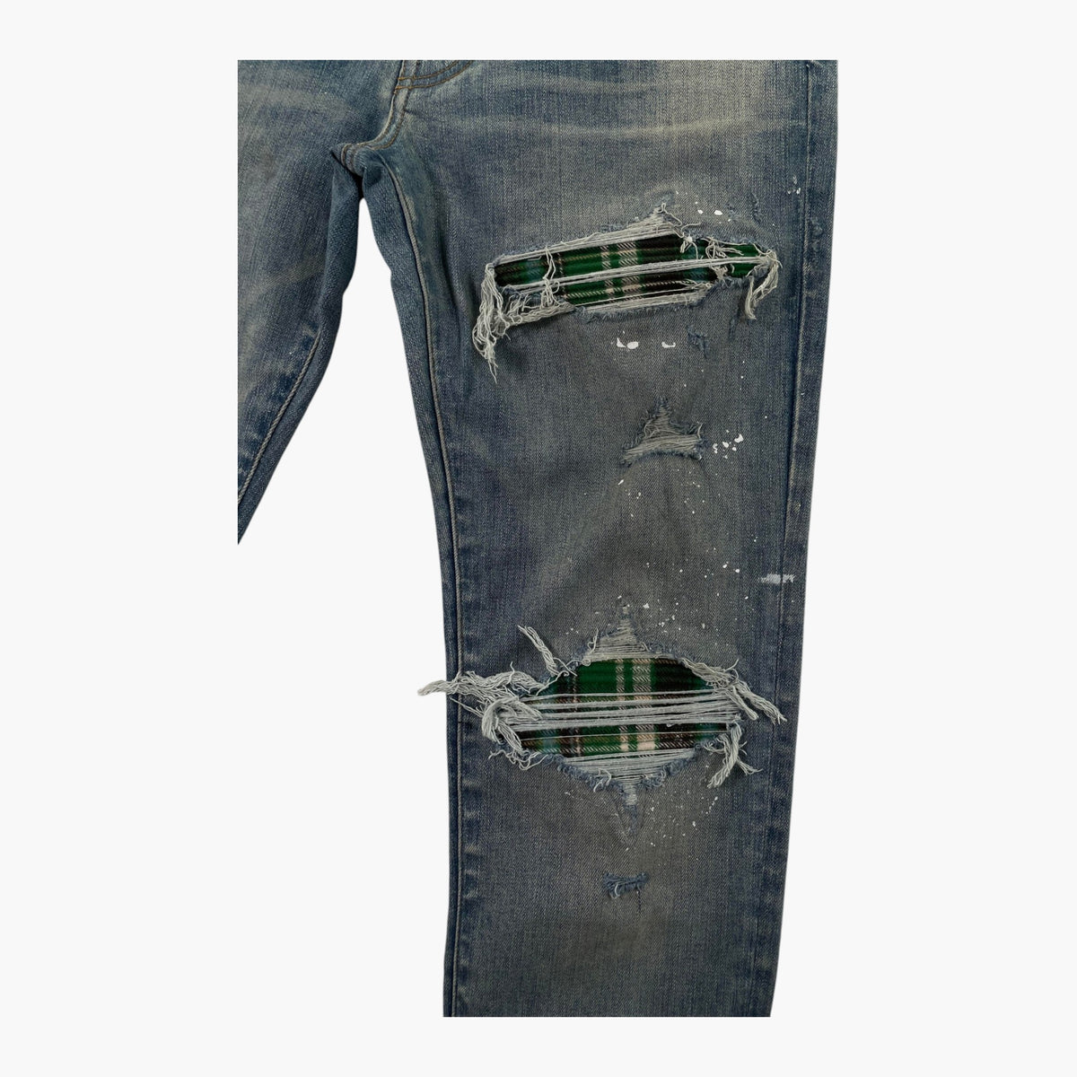 Amiri MX1 Green Plaid Patch Light Wash Jeans
